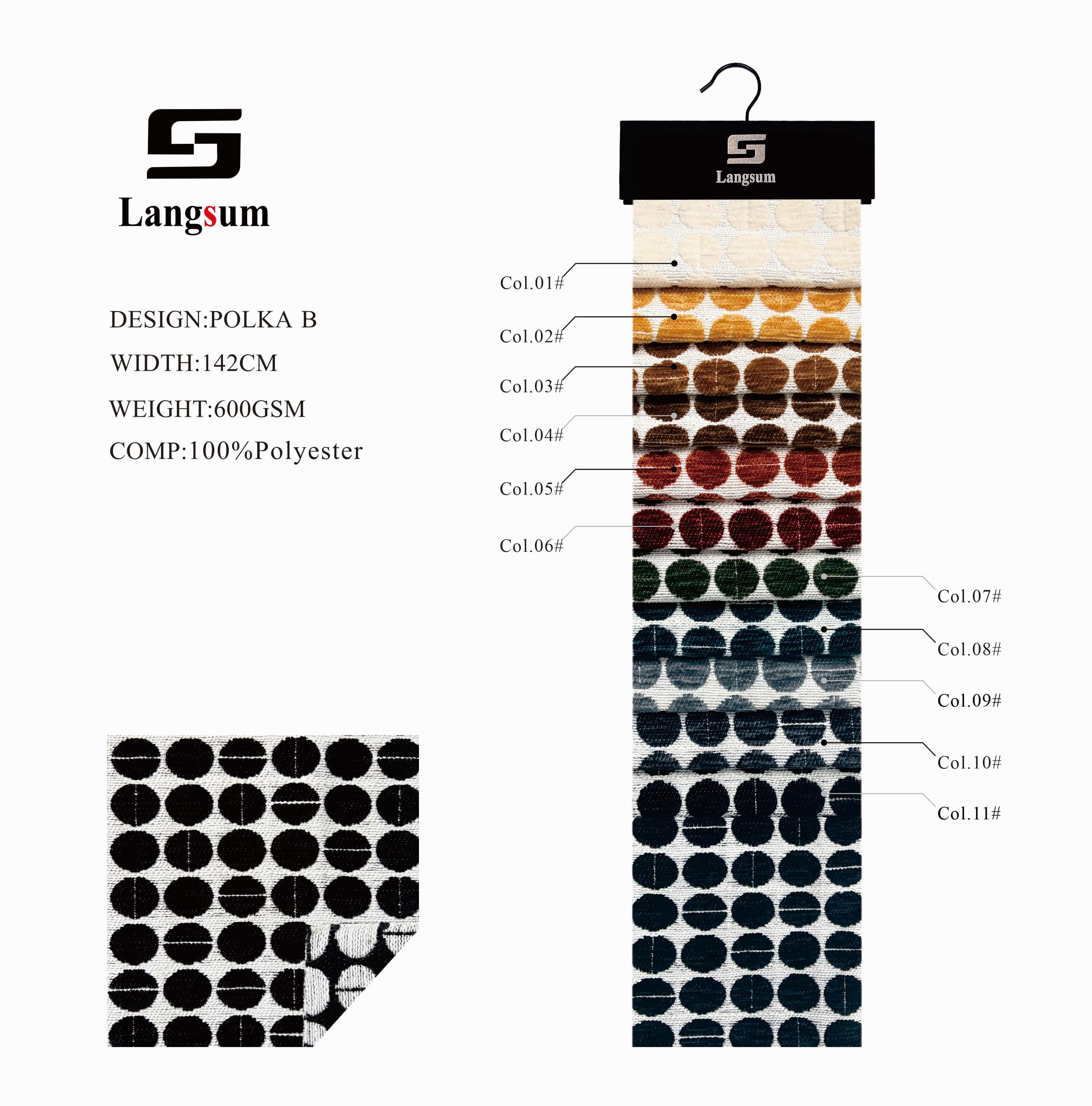 POLKA Chenille Fabric Woven Jacquard Fabric – 600gsm, 56" Wide, 11 Colors Langsum Fabric