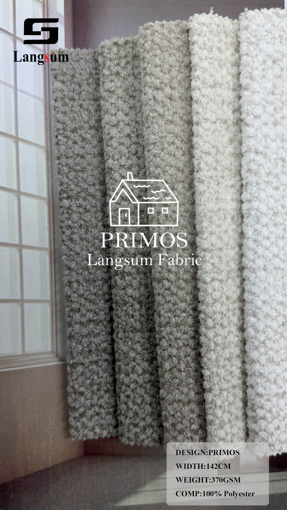 PRIMOS Nubby-Textured Polyester Upholstery Fabric – 370gsm, 56" Wide Langsum Fabric