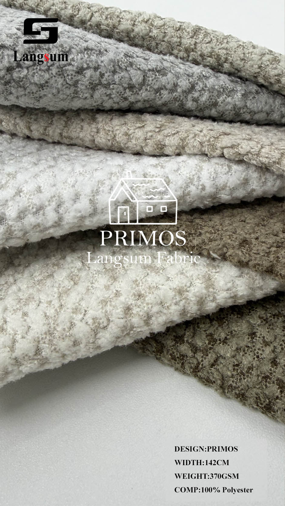 PRIMOS Nubby-Textured Polyester Upholstery Fabric – 370gsm, 56" Wide Langsum Fabric
