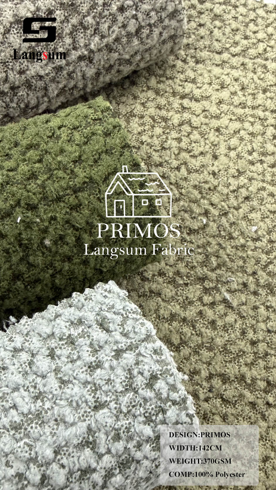 PRIMOS Nubby-Textured Polyester Upholstery Fabric – 370gsm, 56" Wide Langsum Fabric