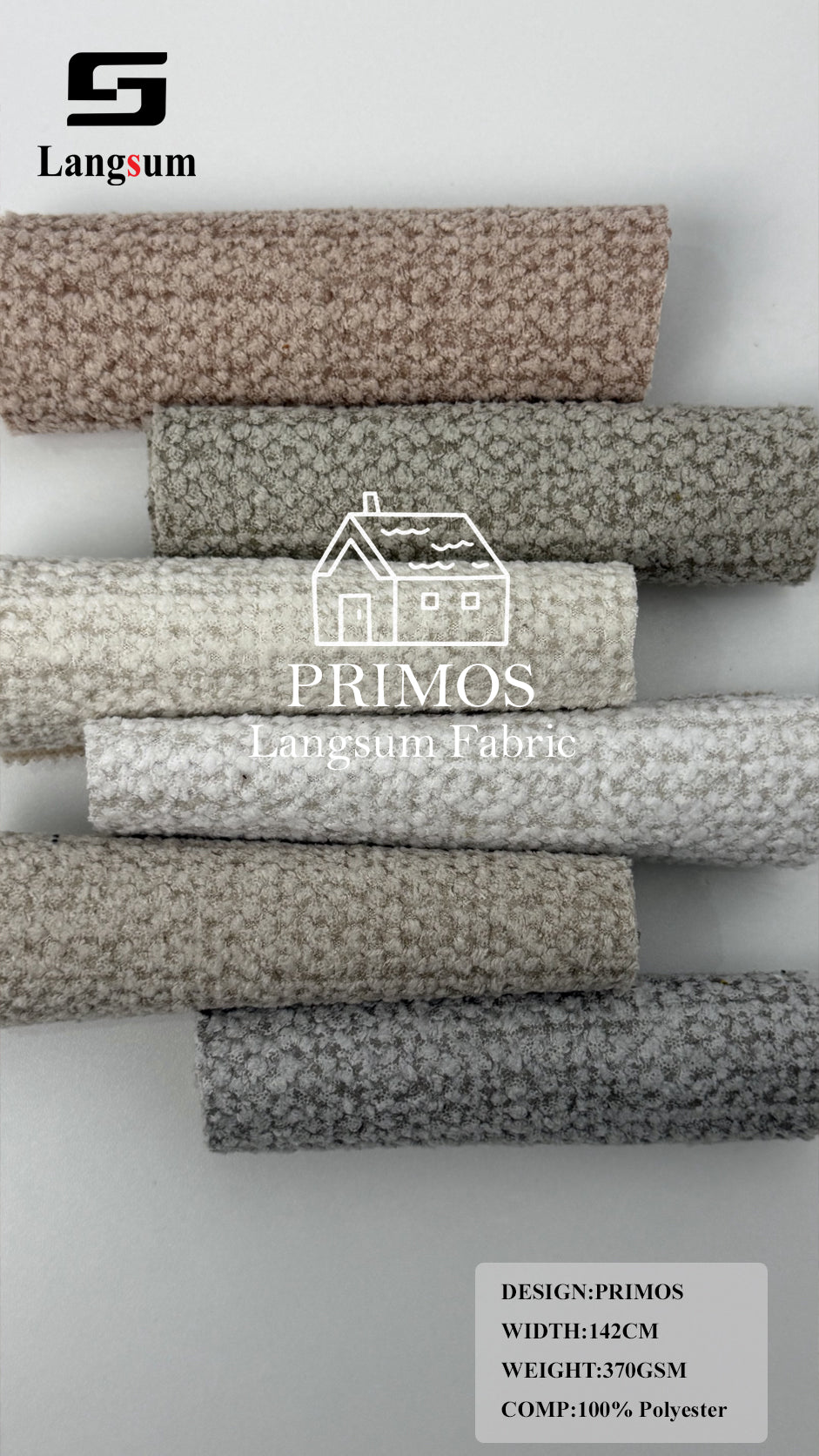 PRIMOS Nubby-Textured Polyester Upholstery Fabric – 370gsm, 56" Wide Langsum Fabric