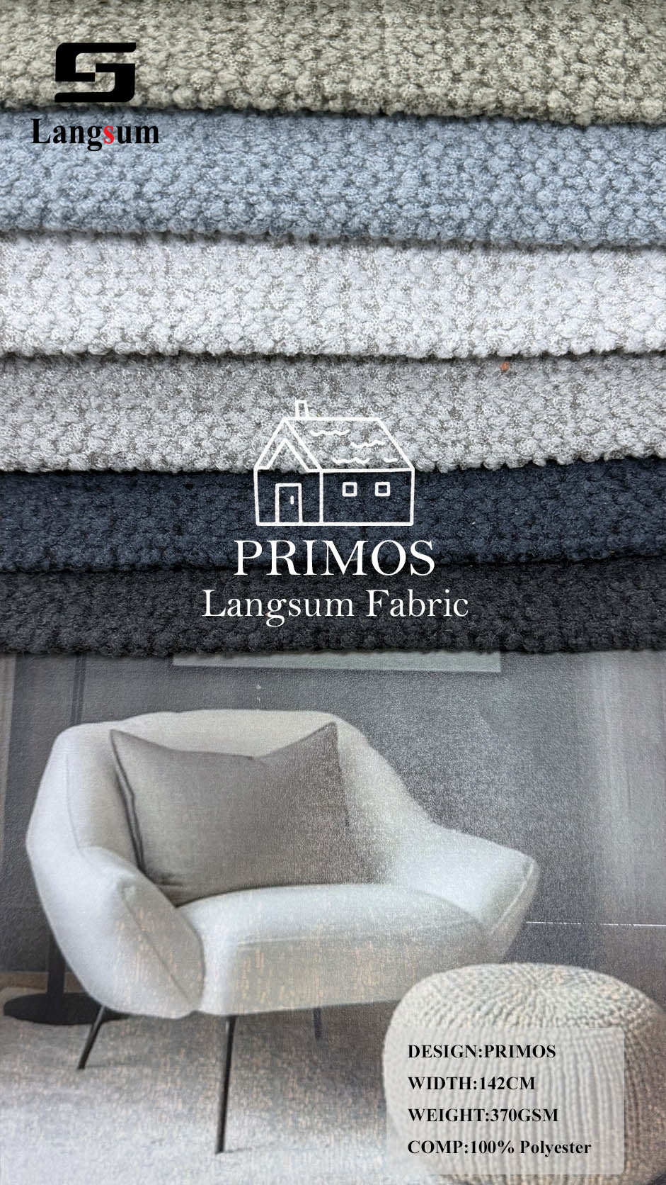 PRIMOS Nubby-Textured Polyester Upholstery Fabric – 370gsm, 56" Wide Langsum Fabric