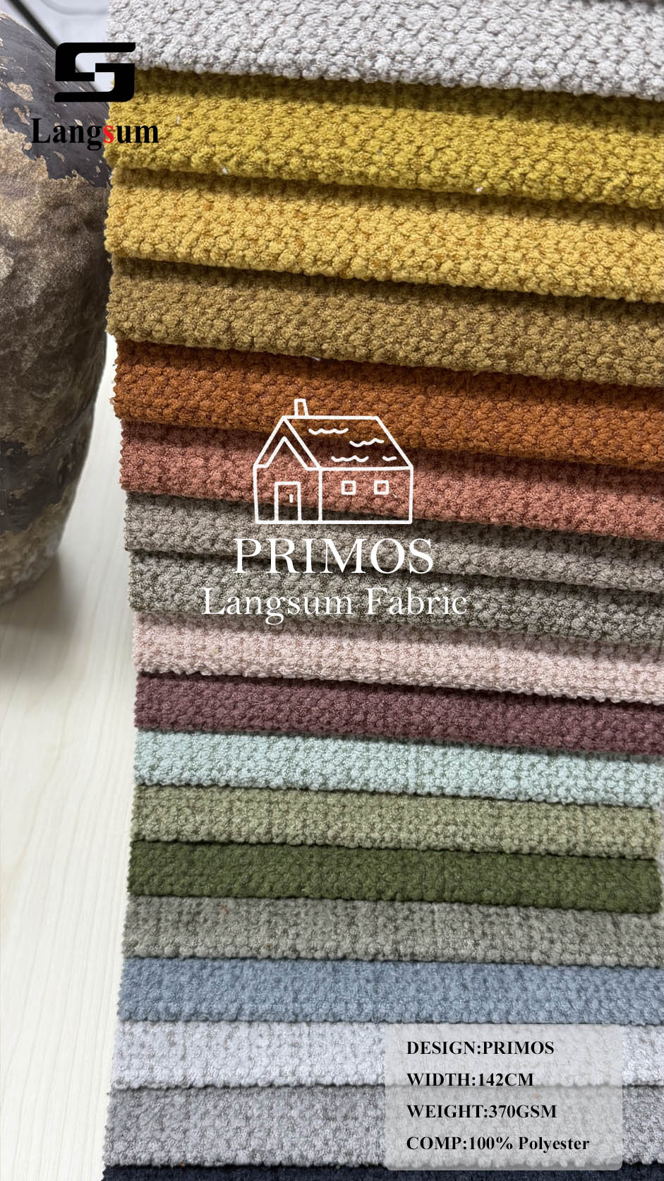 PRIMOS Nubby-Textured Polyester Upholstery Fabric – 370gsm, 56" Wide Langsum Fabric