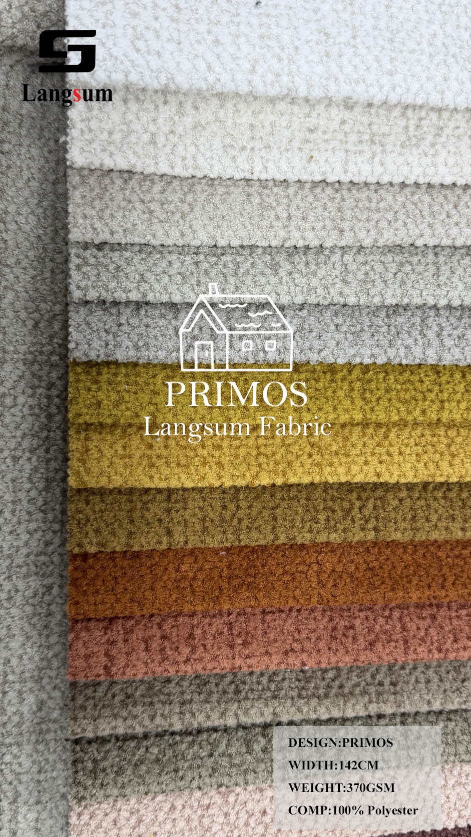 PRIMOS Nubby-Textured Polyester Upholstery Fabric – 370gsm, 56" Wide Langsum Fabric