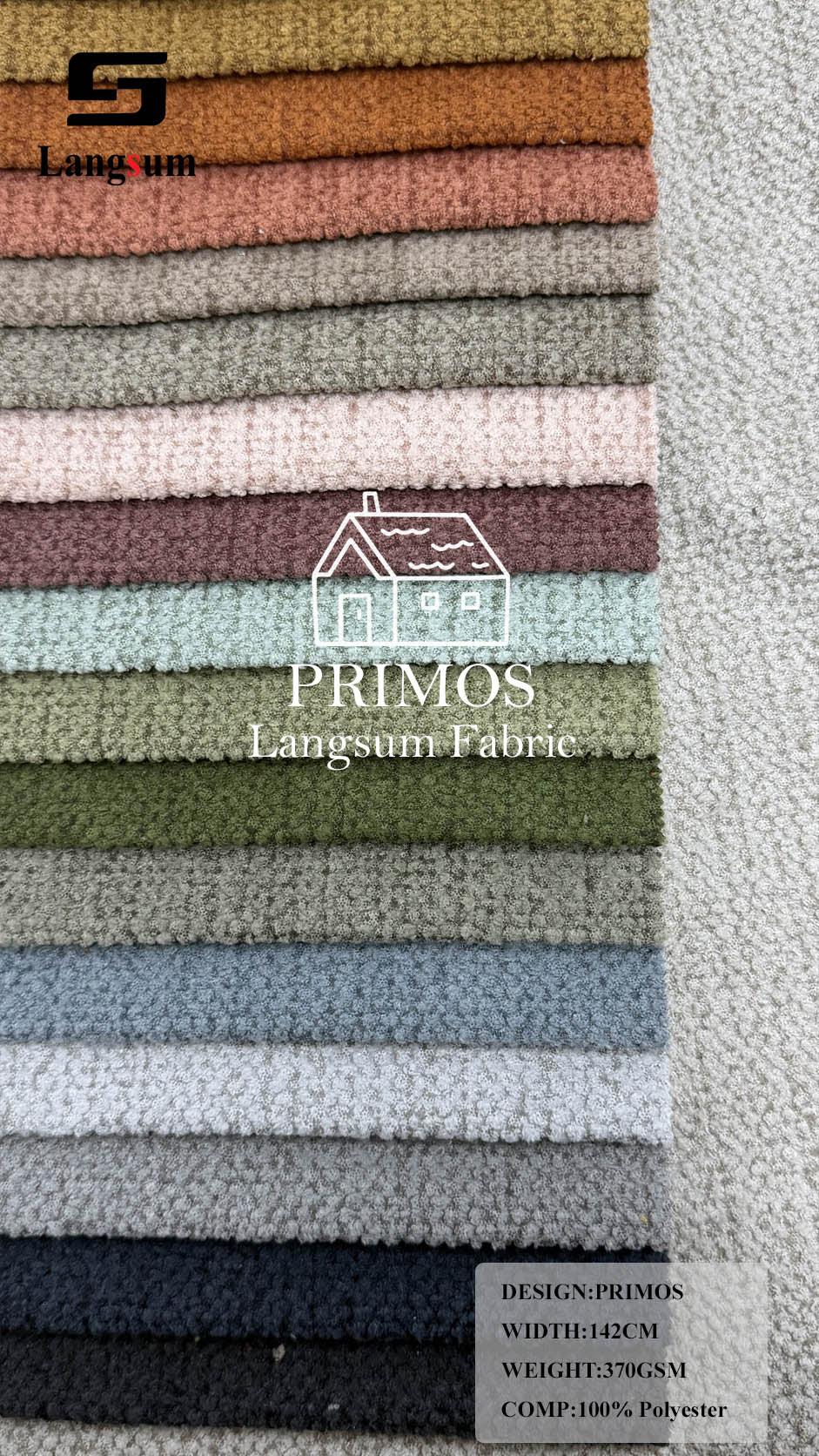 PRIMOS Nubby-Textured Polyester Upholstery Fabric – 370gsm, 56" Wide Langsum Fabric