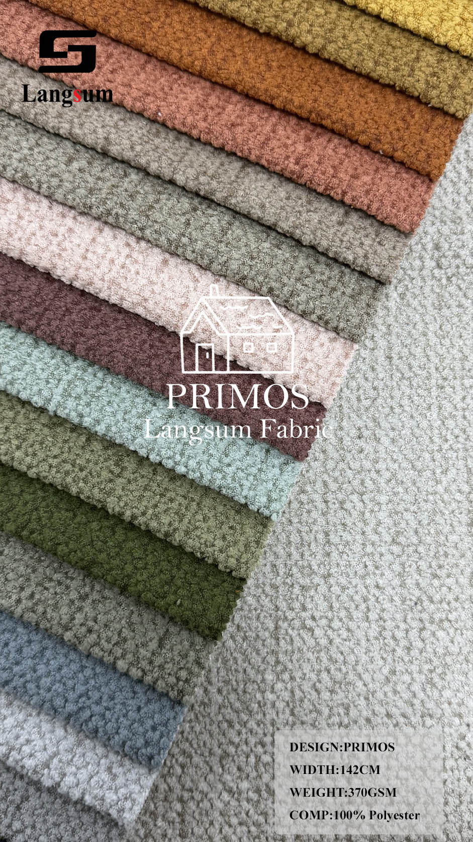 PRIMOS Nubby-Textured Polyester Upholstery Fabric – 370gsm, 56" Wide Langsum Fabric