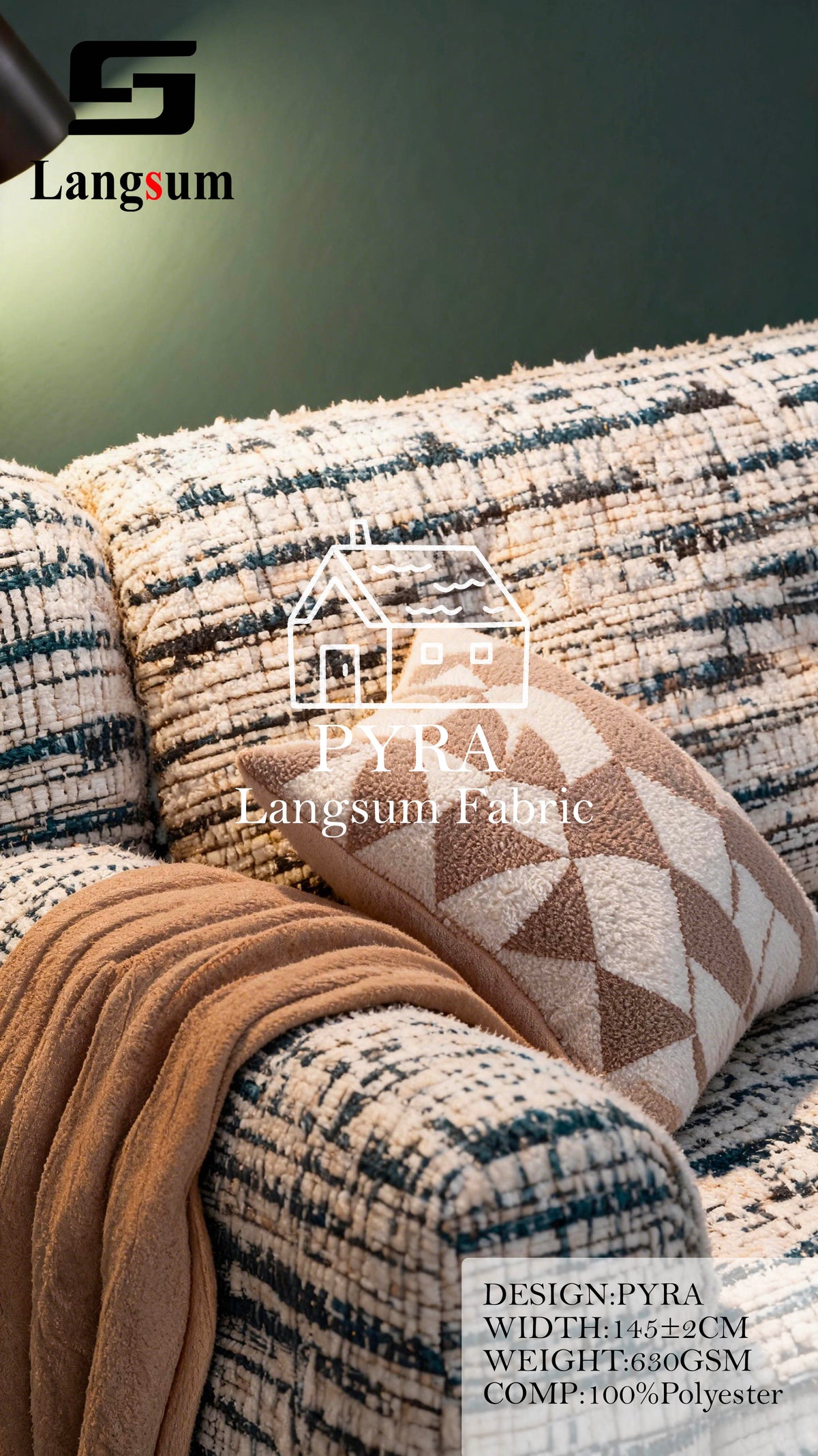 PYRA Triangle-Pattern Polyester Upholstery Fabric – 630gsm, 57" Wide, 9 Colors Langsum Fabric