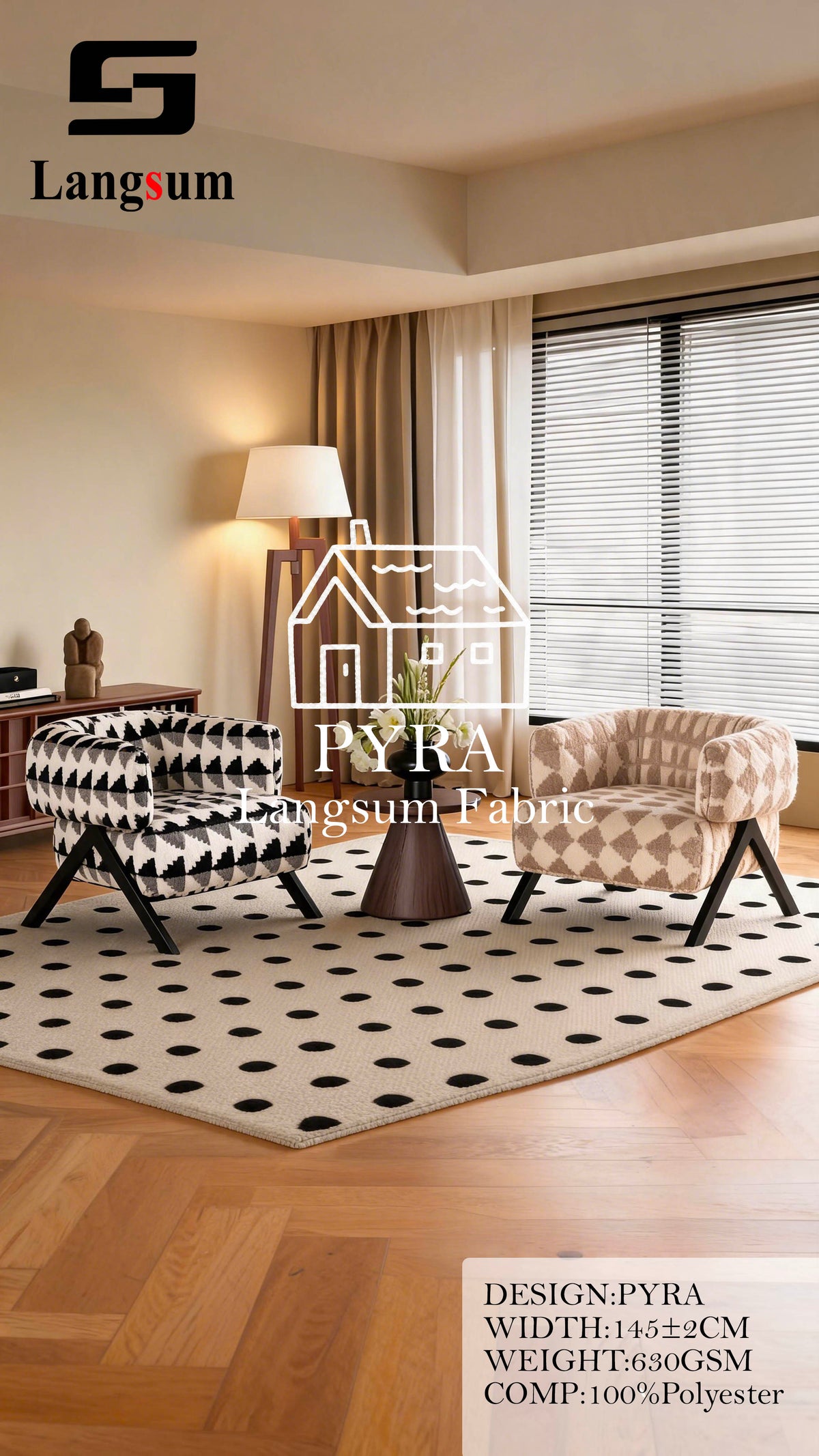 PYRA Triangle-Pattern Polyester Upholstery Fabric – 630gsm, 57" Wide, 9 Colors Langsum Fabric