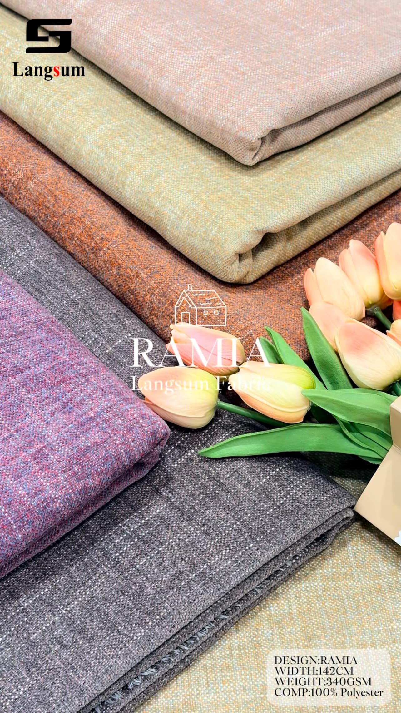 RAMIA Woven Fabric Polyester Upholstery Fabric – 340gsm, 56" Wide, 12 Colors Langsum Fabric
