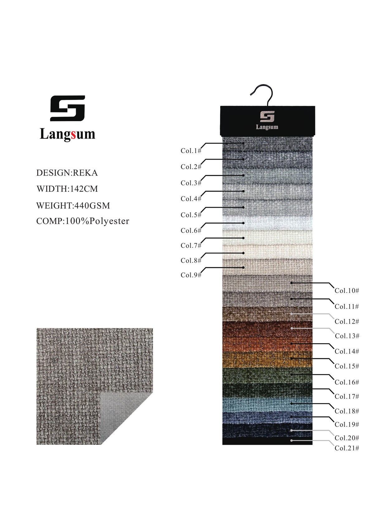 REKA Textured Polyester Upholstery Fabric – 440gsm, 56" Wide, 21 Colors Langsum Fabric