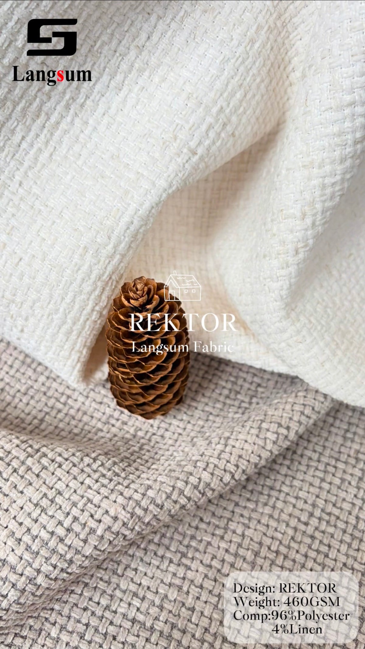 REKTOR Grid-Textured Polyester Linen Upholstery Fabric – 460gsm Langsum Fabric