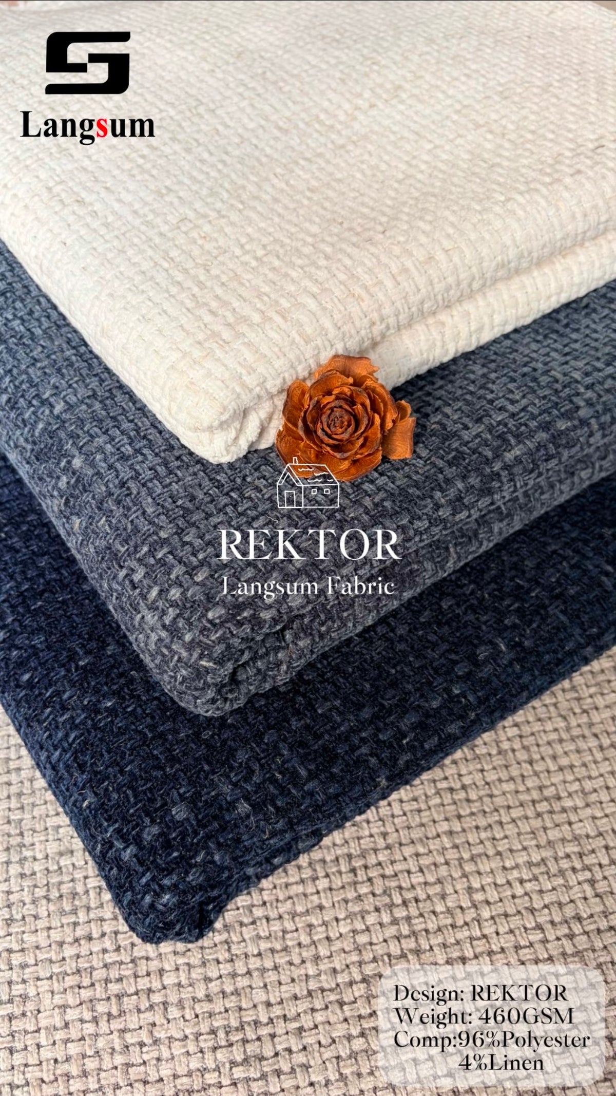REKTOR Grid-Textured Polyester Linen Upholstery Fabric – 460gsm Langsum Fabric