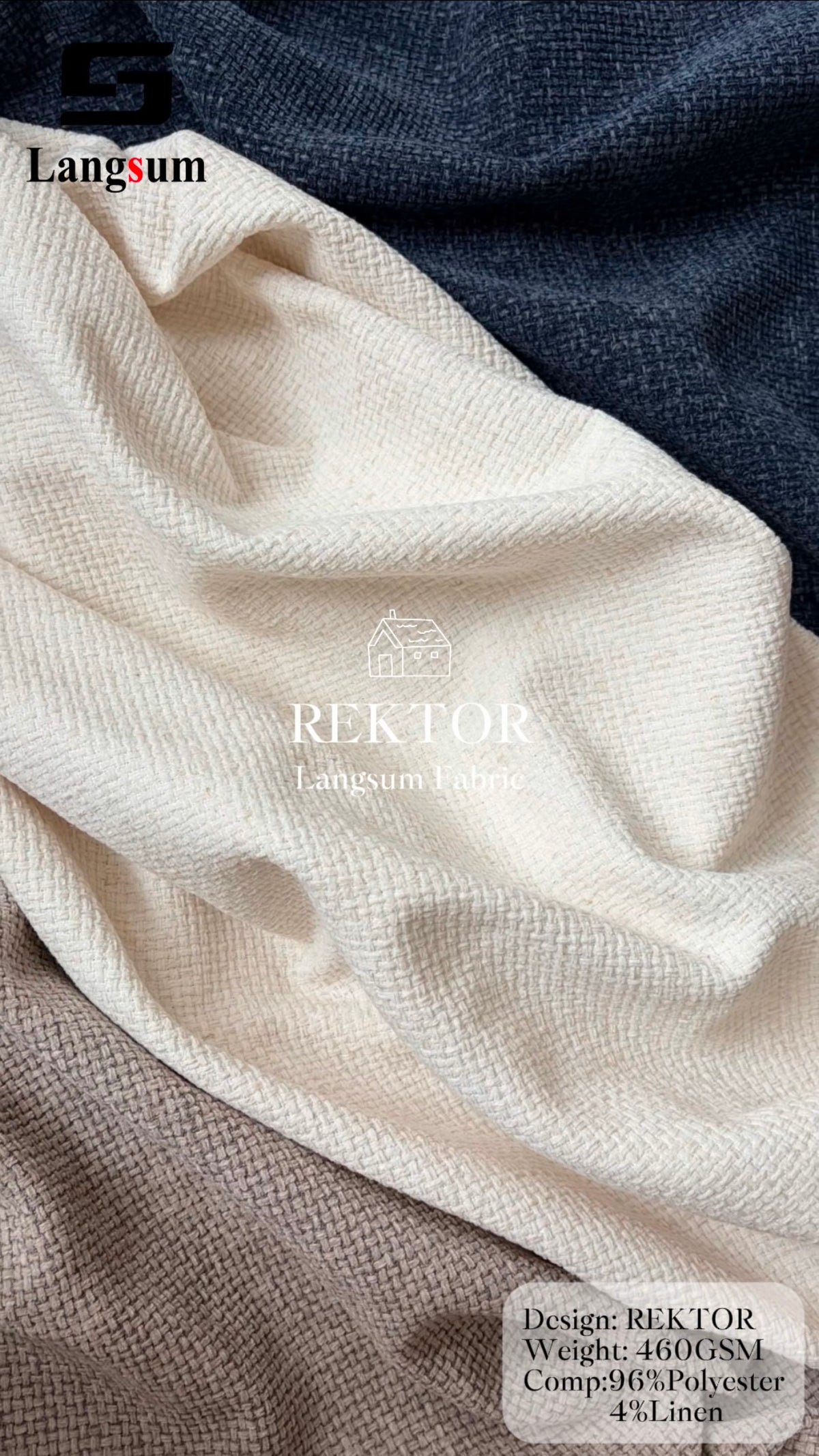 REKTOR Grid-Textured Polyester Linen Upholstery Fabric – 460gsm Langsum Fabric