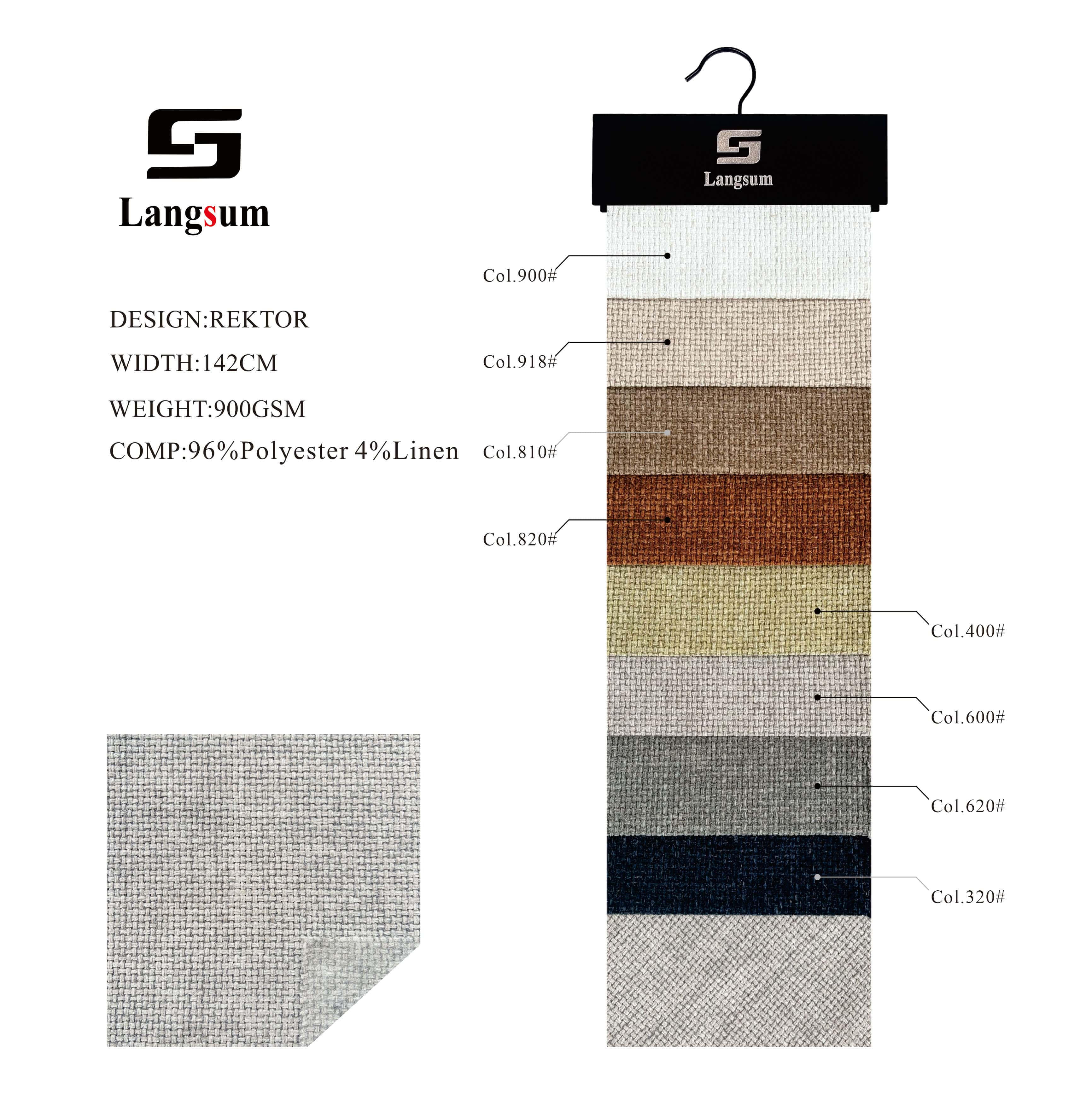 REKTOR Linen Look Fabric Polyester Upholstery Fabric – 900gsm, 56" Wide, 9 Colors Langsum Fabric
