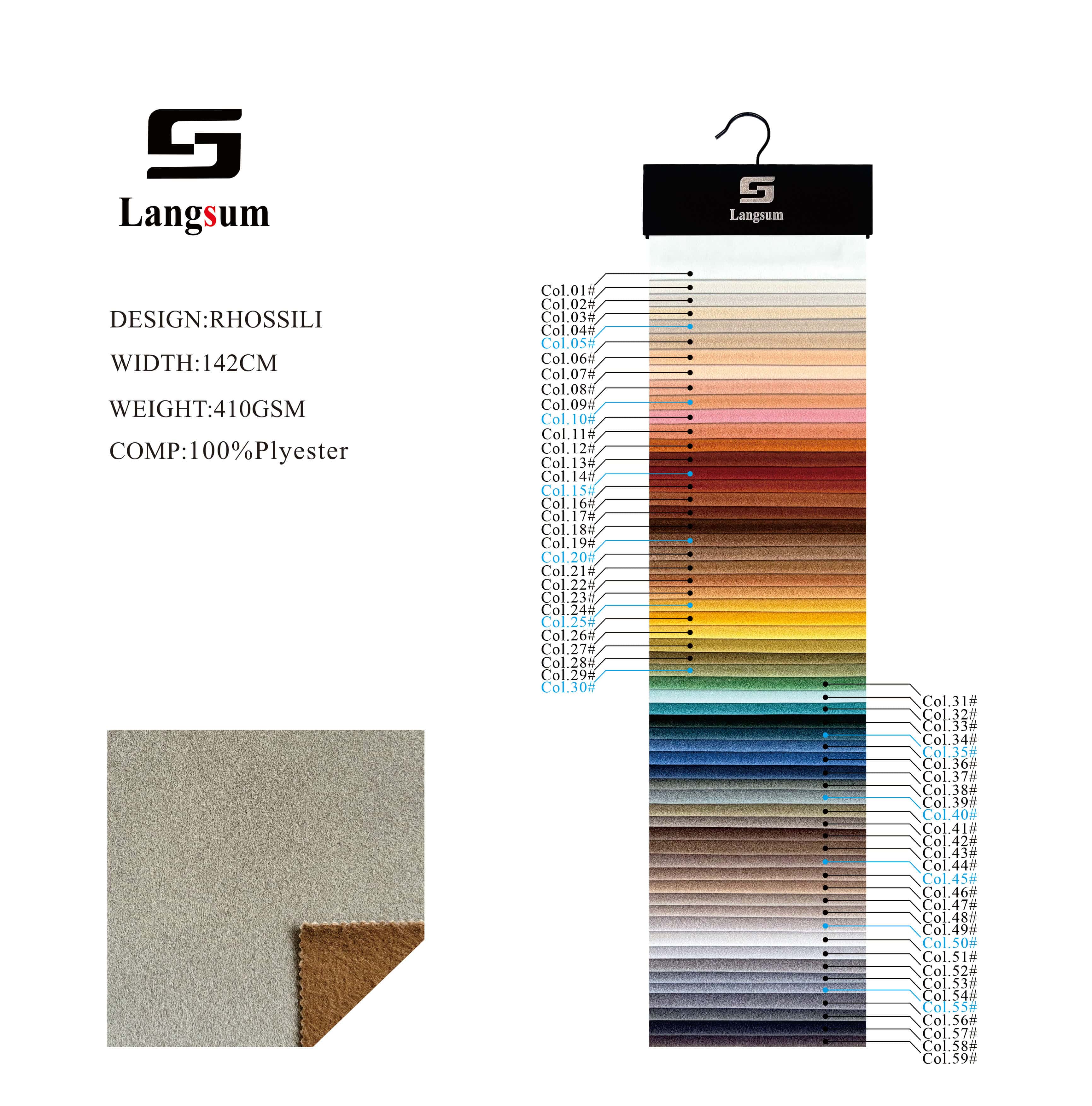 RHOSSILI Textured Polyester Upholstery Fabric – 410gsm, 56" Wide, 59 Colors Langsum Fabric