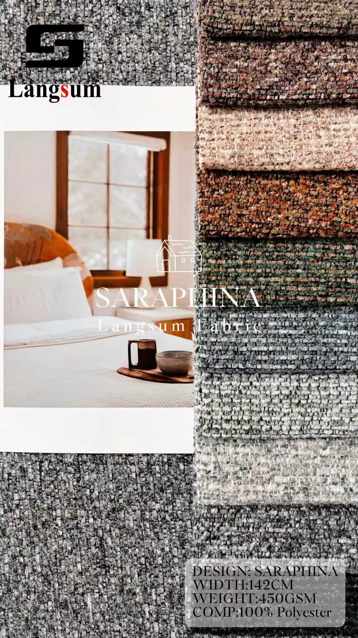SARAPHINA Mottled-Textured Polyester Upholstery Fabric – 450gsm, 56" Wide, 12 Colors Langsum Fabric
