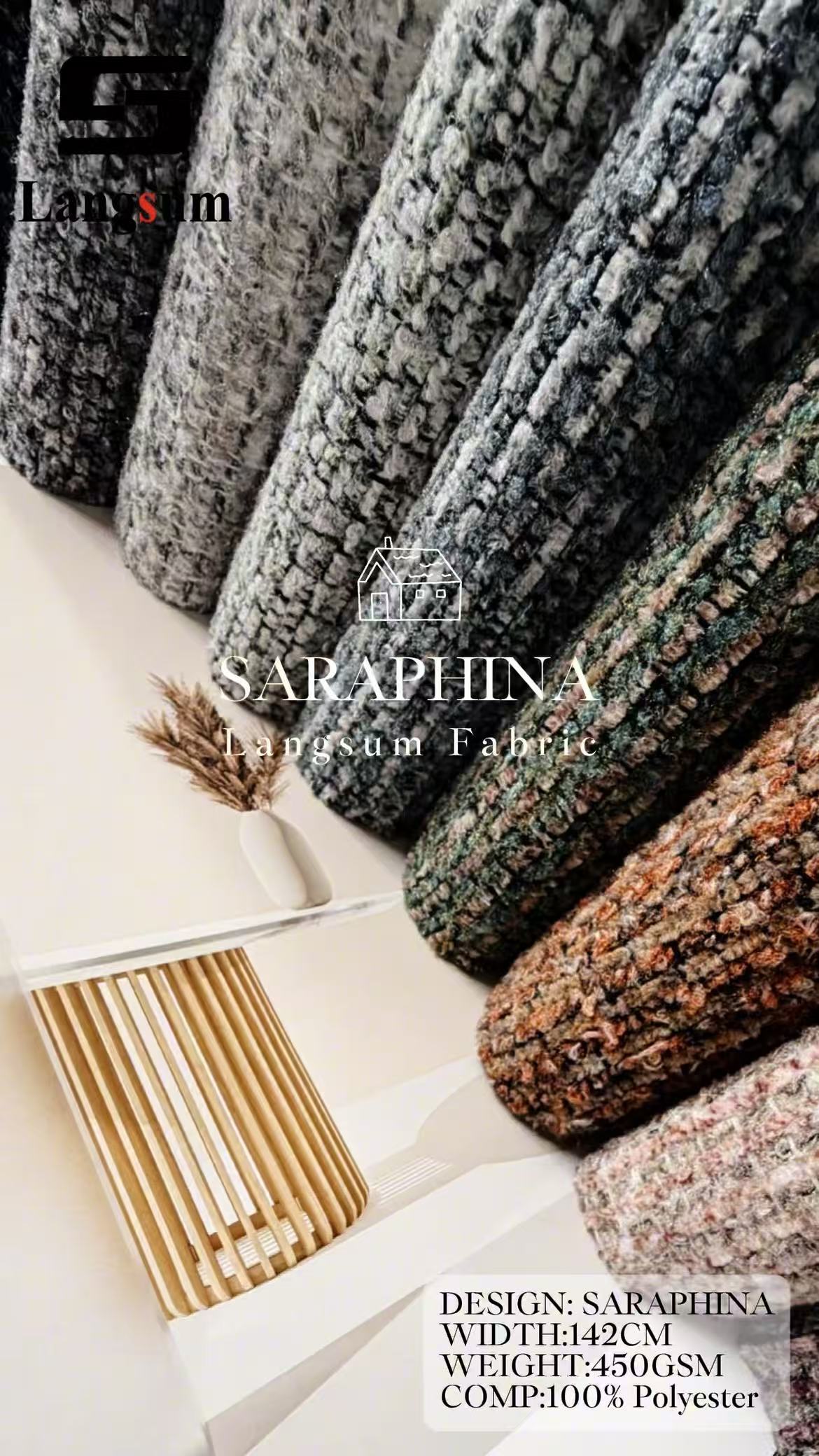 SARAPHINA Mottled-Textured Polyester Upholstery Fabric – 450gsm, 56" Wide, 12 Colors Langsum Fabric