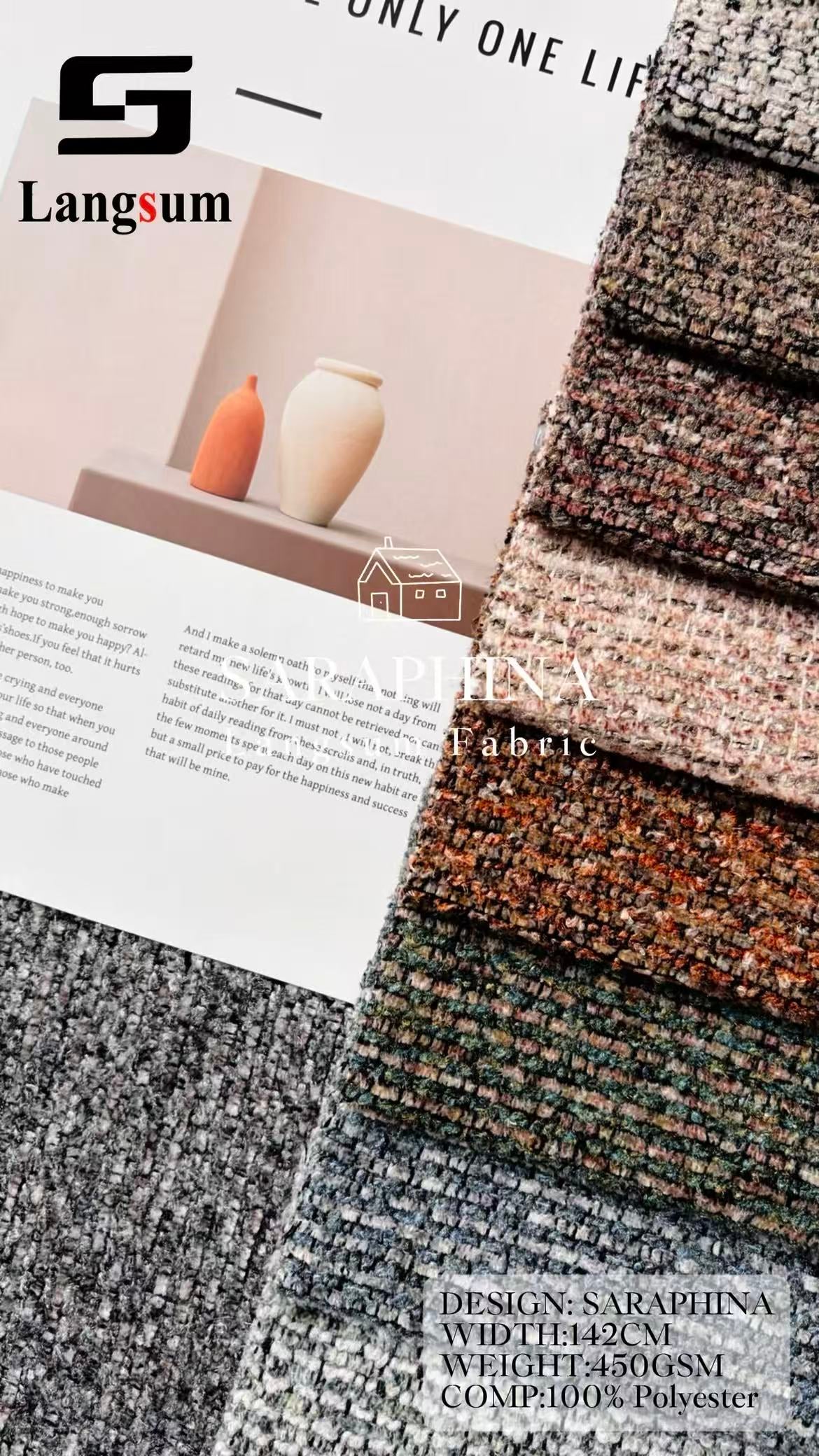 SARAPHINA Mottled-Textured Polyester Upholstery Fabric – 450gsm, 56" Wide, 12 Colors Langsum Fabric