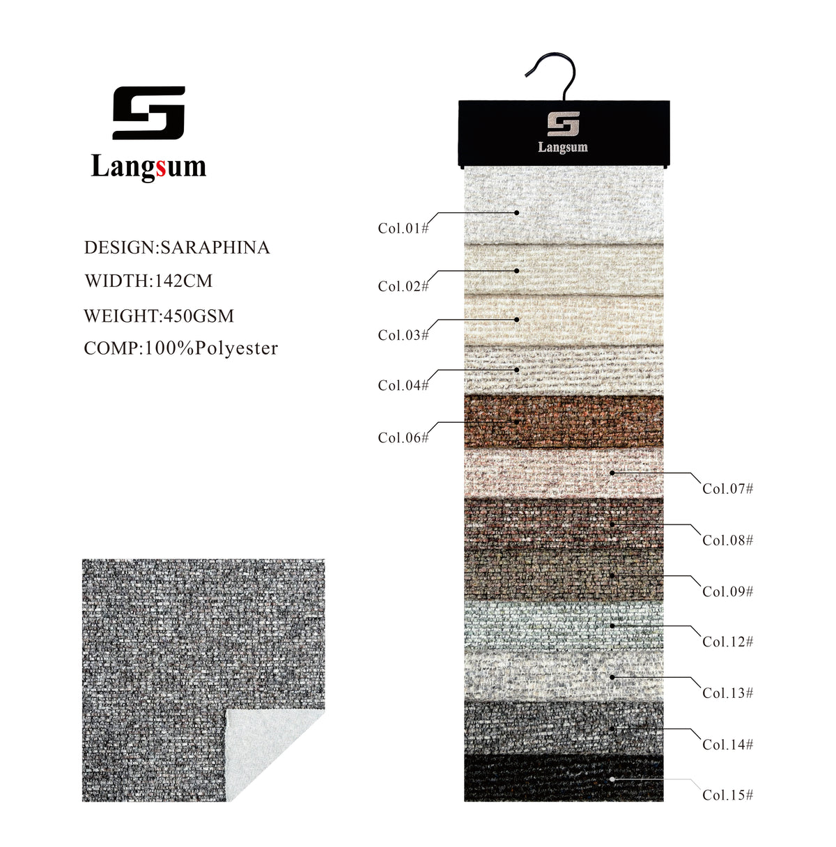SARAPHINA Mottled-Textured Polyester Upholstery Fabric – 450gsm, 56" Wide, 12 Colors Langsum Fabric