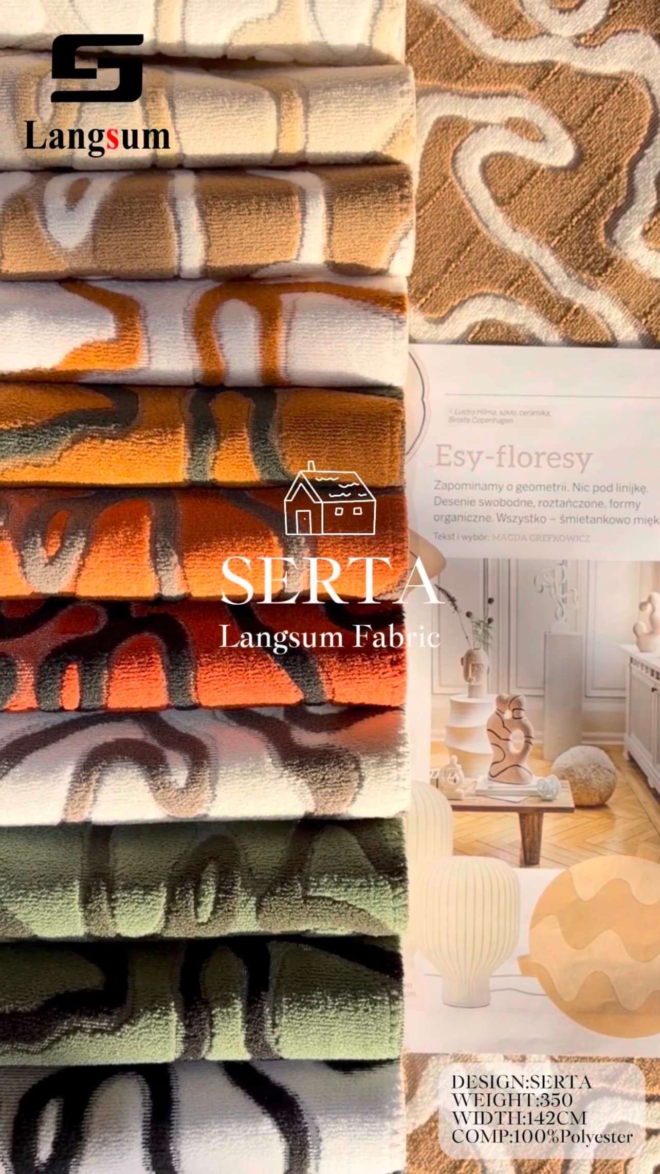 SERTA Chenille Fabric Woven Jacquard Fabric – 350gsm, 56" Wide, 12 Colors Langsum Fabric