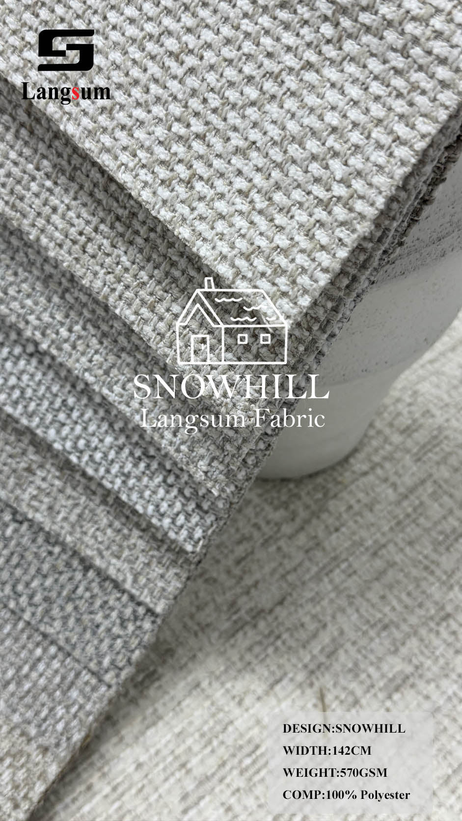 SNOWHILL Nubby-Textured Polyester Upholstery Fabric – 570gsm, 56" Wide Langsum Fabric