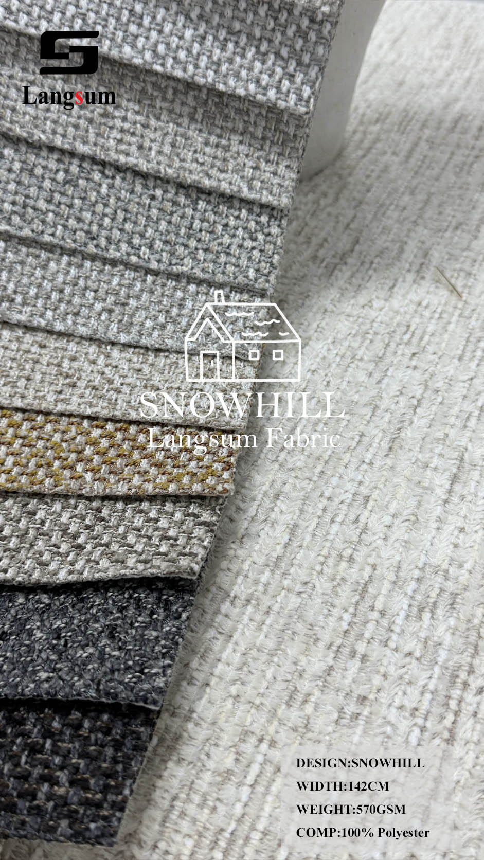 SNOWHILL Nubby-Textured Polyester Upholstery Fabric – 570gsm, 56" Wide Langsum Fabric