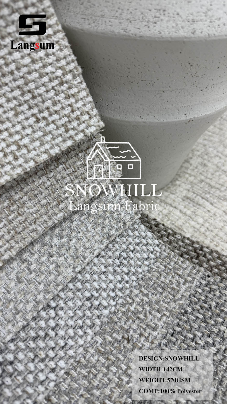 SNOWHILL Nubby-Textured Polyester Upholstery Fabric – 570gsm, 56" Wide Langsum Fabric
