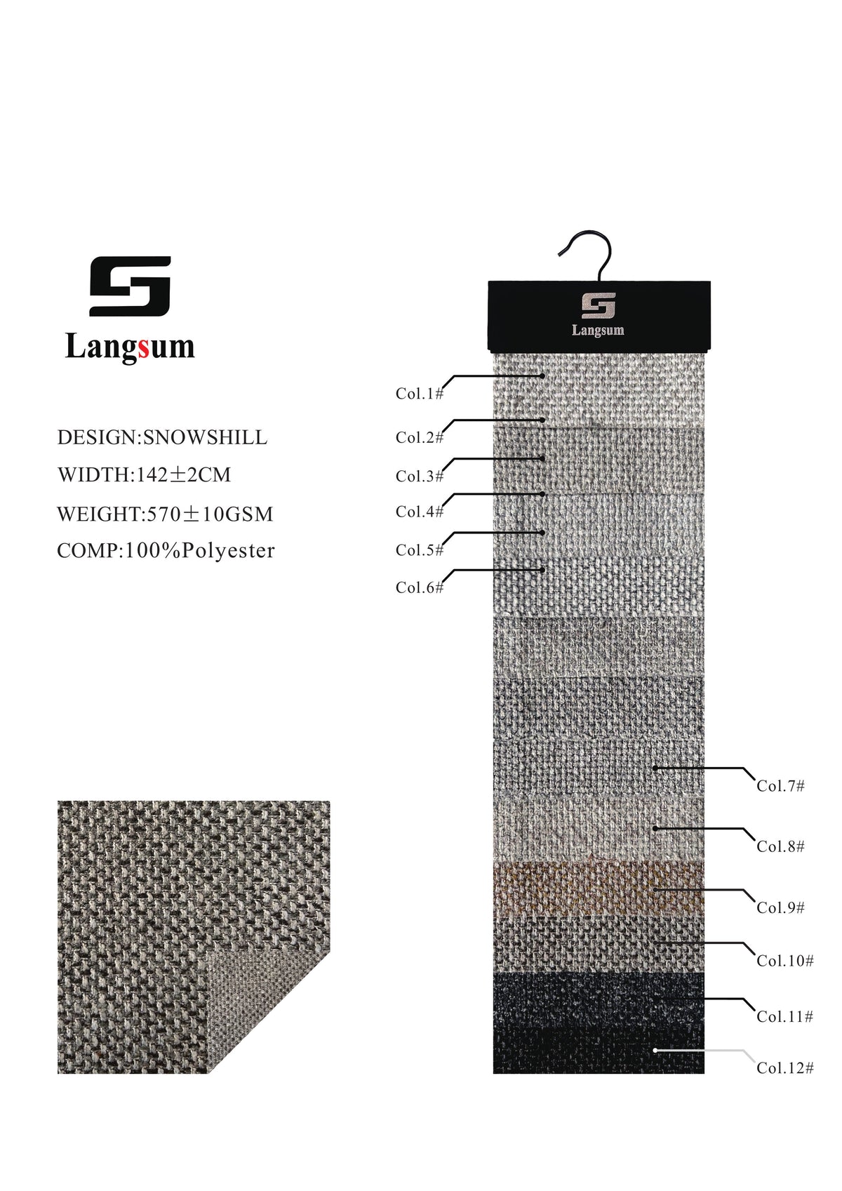 SNOWSHILL Coarse-Textured Polyester Upholstery Fabric – 570±10gsm, 56" Wide, 12 Colors Langsum Fabric