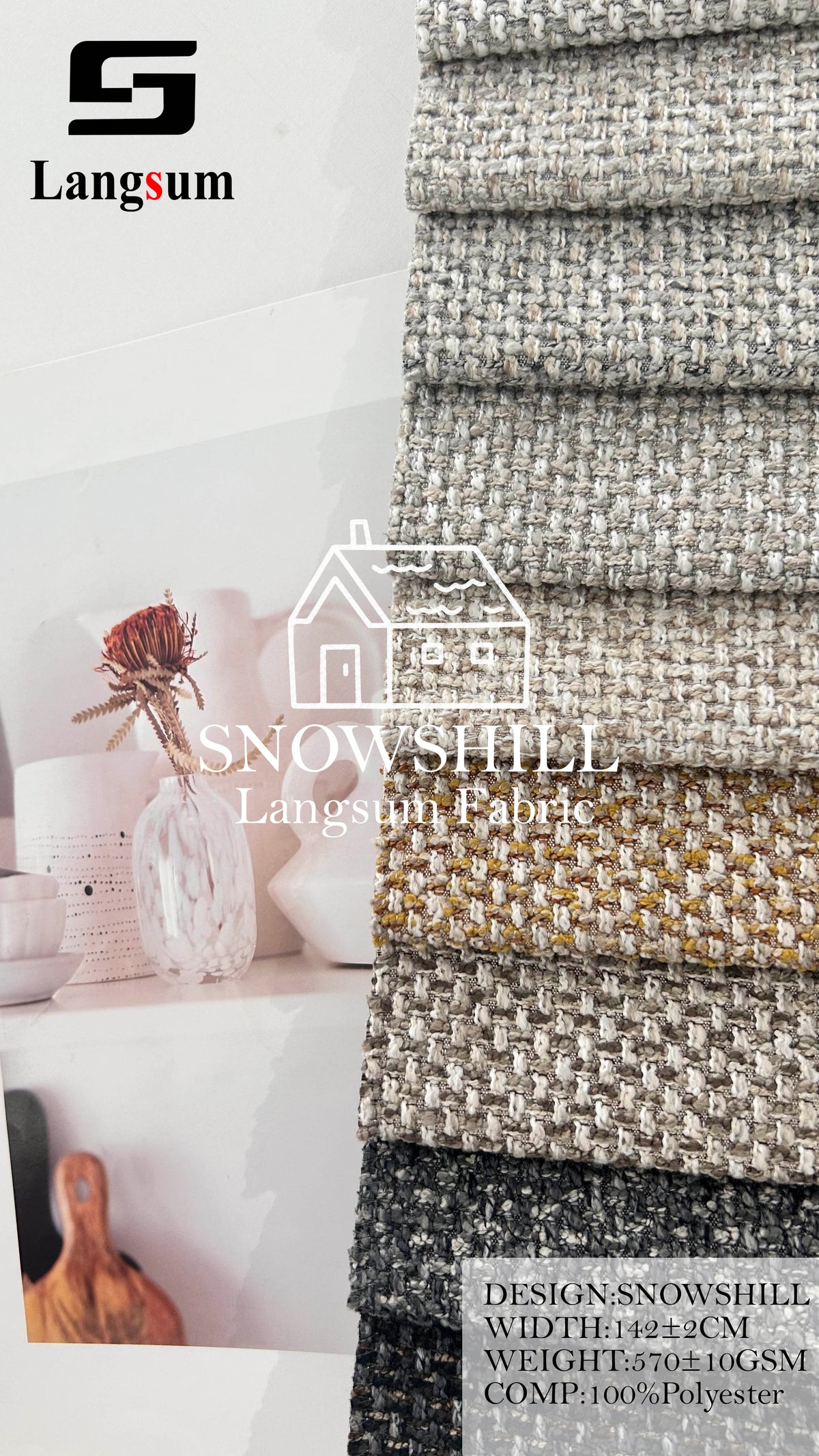 SNOWSHILL Coarse-Textured Polyester Upholstery Fabric – 570±10gsm, 56" Wide, 12 Colors Langsum Fabric
