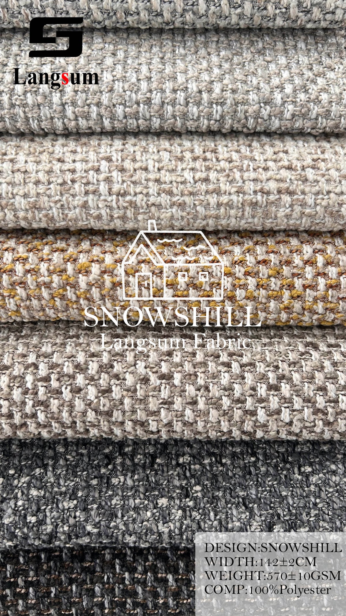 SNOWSHILL Coarse-Textured Polyester Upholstery Fabric – 570±10gsm, 56" Wide, 12 Colors Langsum Fabric
