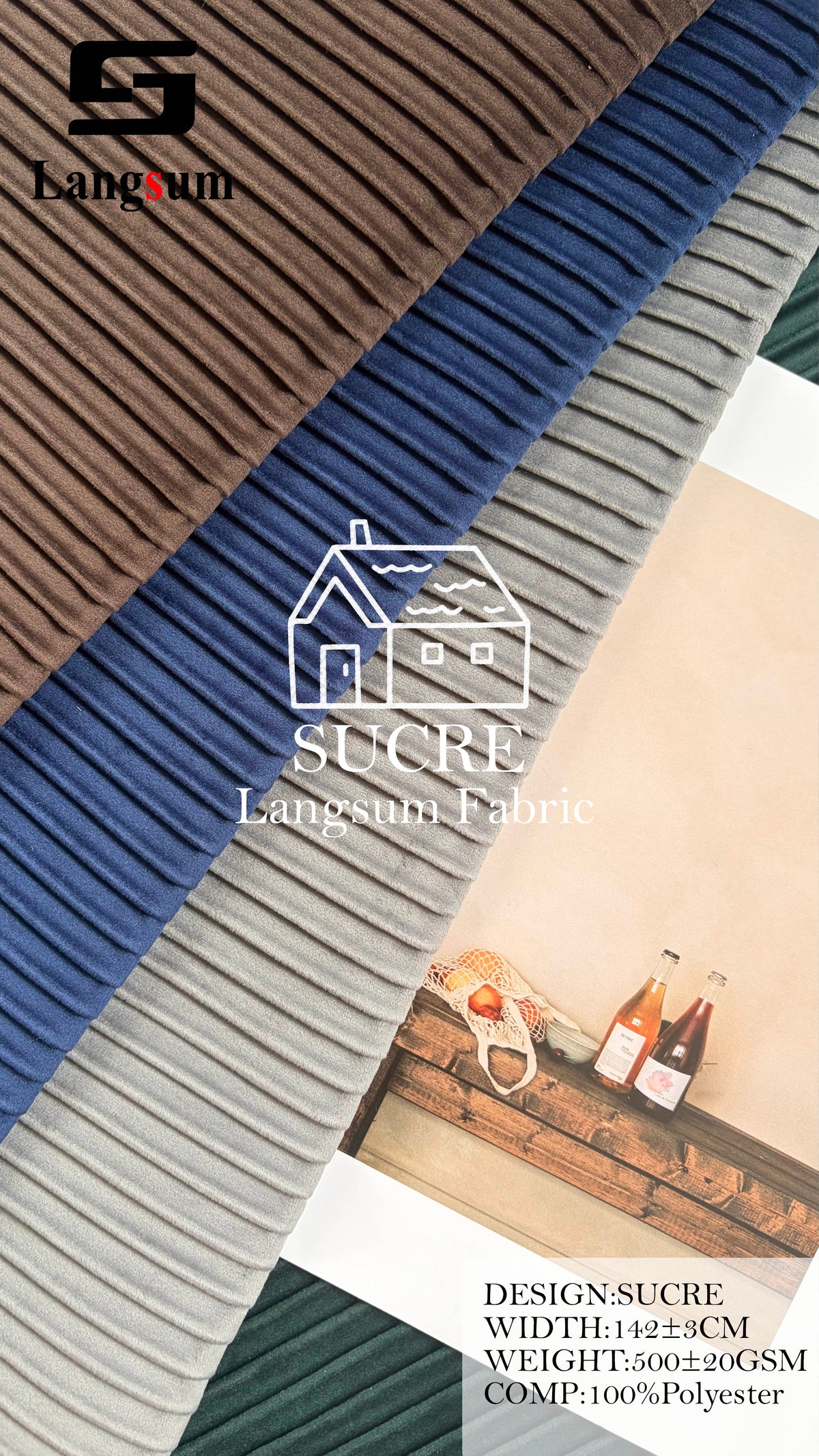 SUCRE Ribbed Polyester Upholstery Fabric – 500±20gsm, 56" Wide, 15 Colors Langsum Fabric