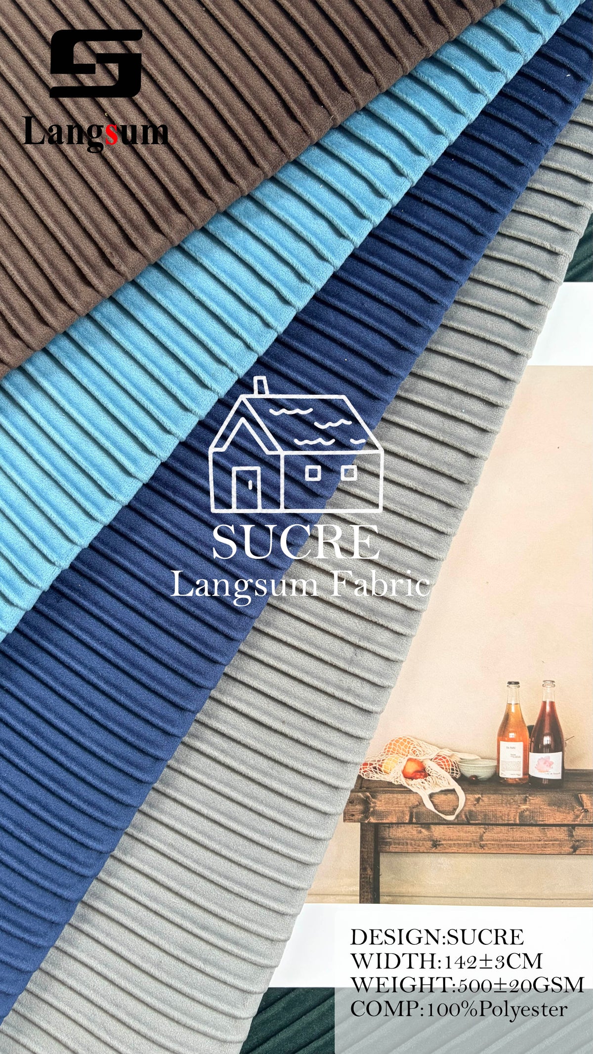 SUCRE Ribbed Polyester Upholstery Fabric – 500±20gsm, 56" Wide, 15 Colors Langsum Fabric
