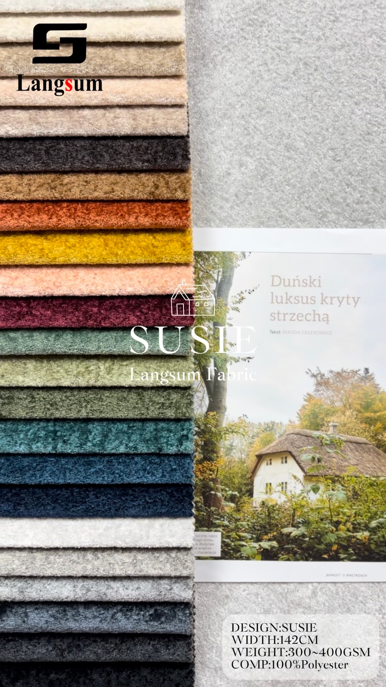 SUSIE Chenille Fabric Woven Jacquard Fabric – 300–400gsm, 56" Wide, 25 Colors Langsum Fabric