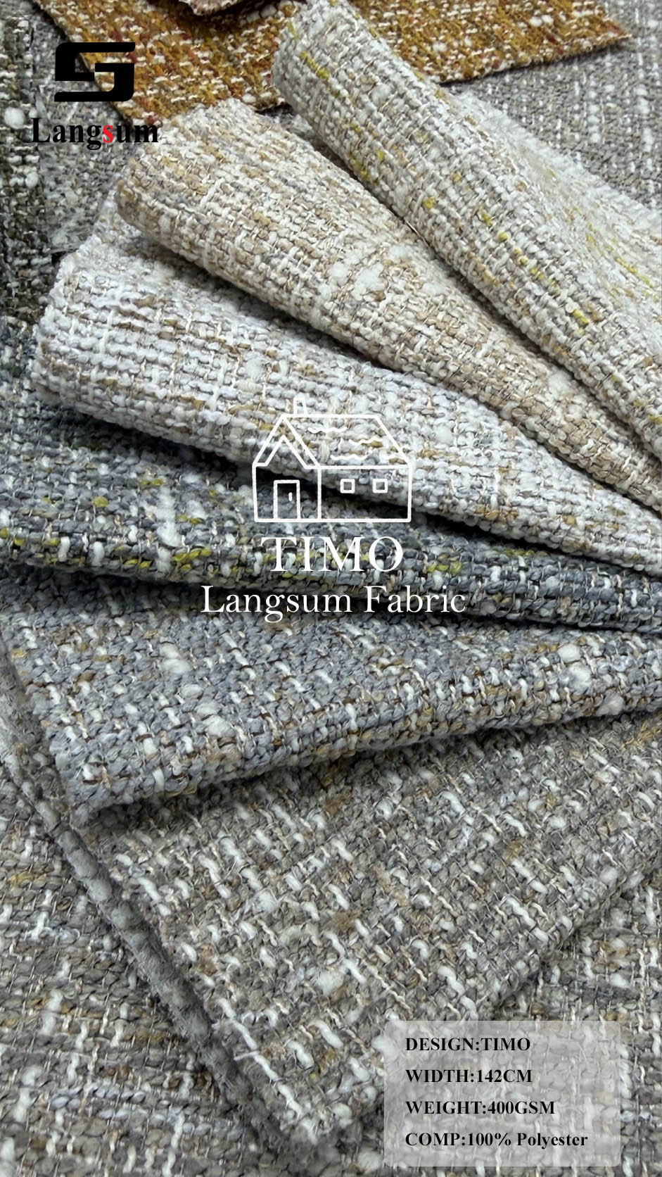 TIMO Multi-Tone Textured Polyester Upholstery Fabric – 400gsm, 56" Wide Langsum Fabric