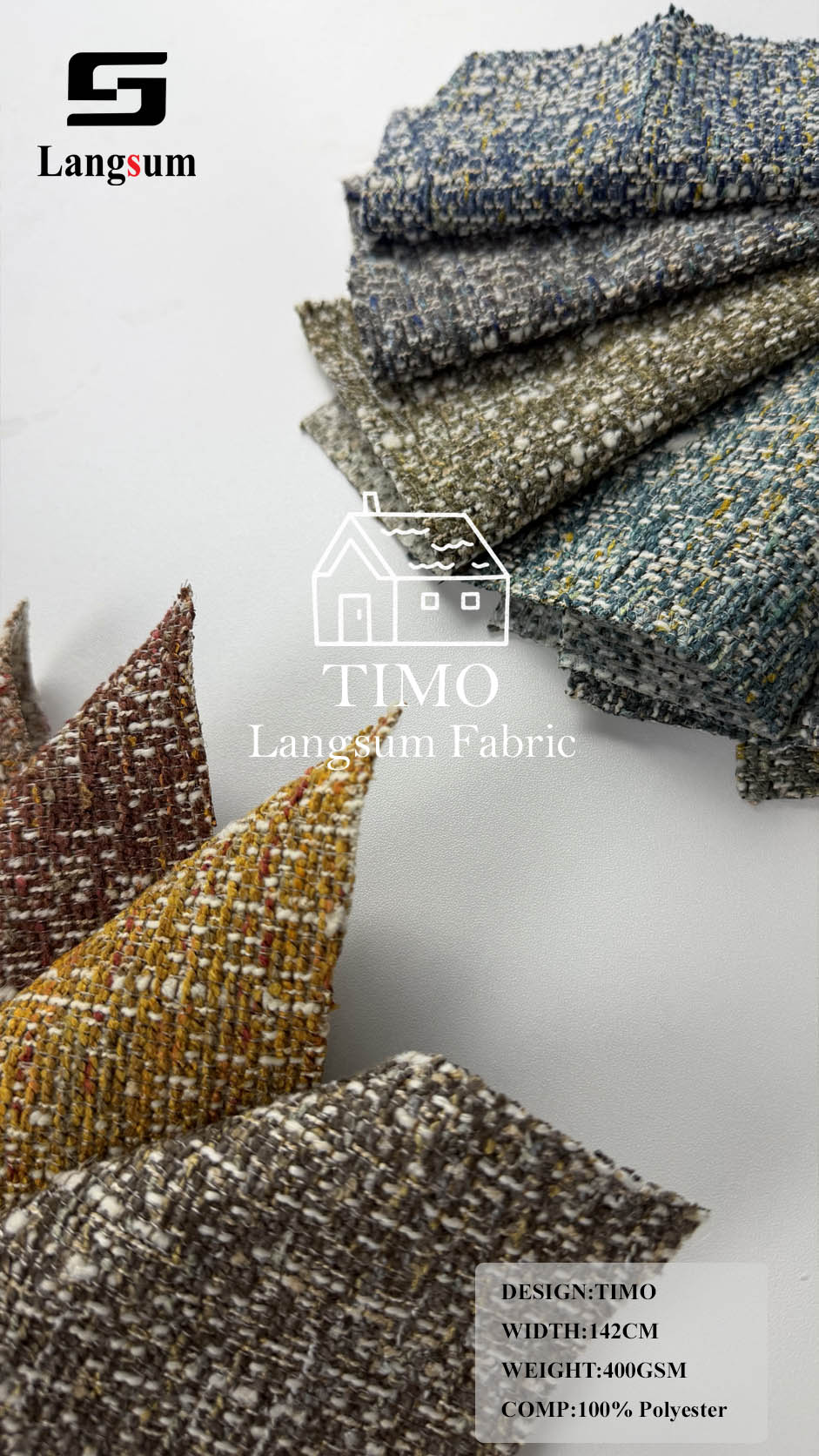 TIMO Multi-Tone Textured Polyester Upholstery Fabric – 400gsm, 56" Wide Langsum Fabric