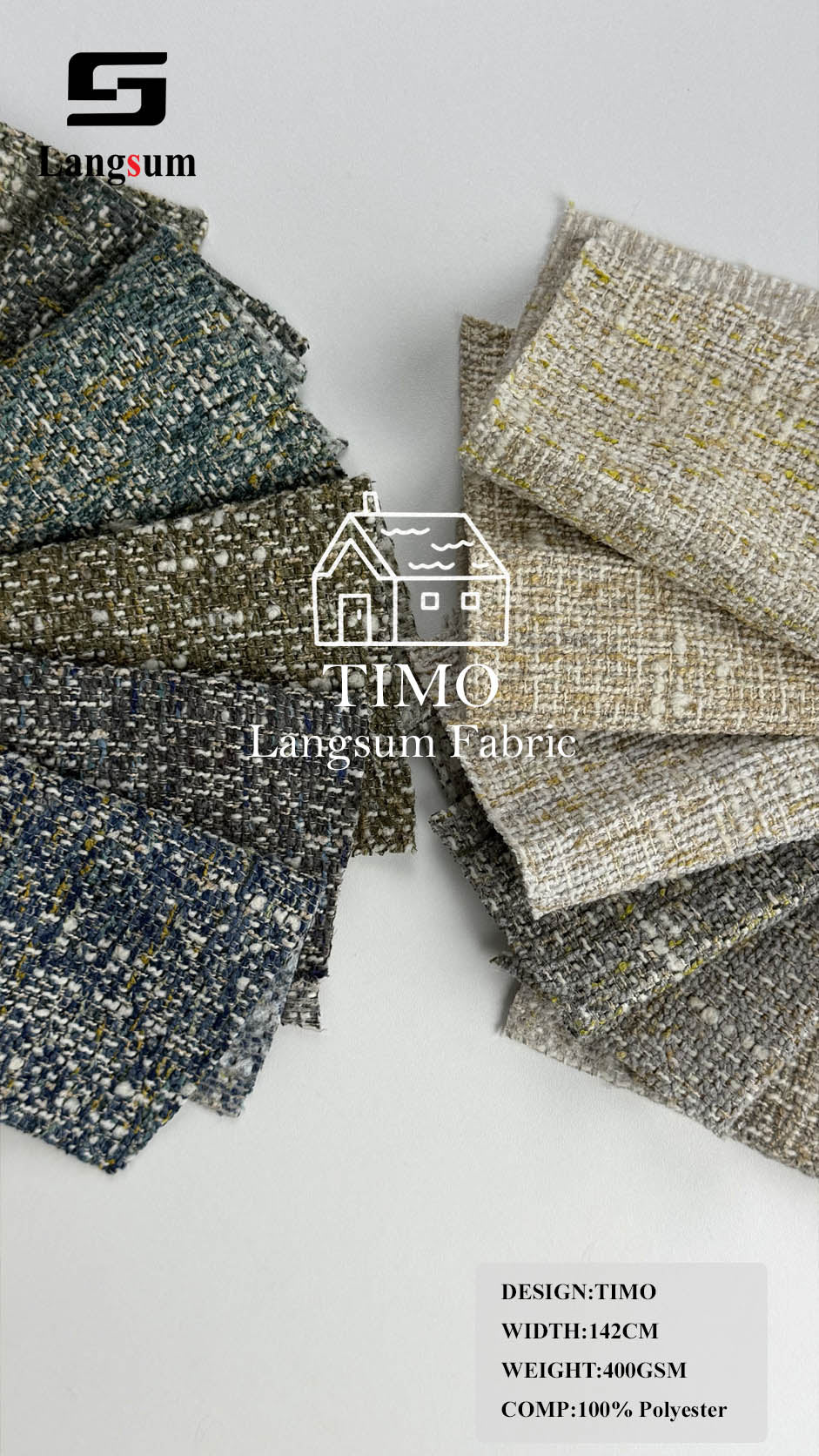 TIMO Multi-Tone Textured Polyester Upholstery Fabric – 400gsm, 56" Wide Langsum Fabric