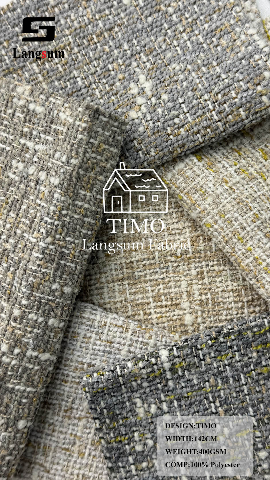 TIMO Multi-Tone Textured Polyester Upholstery Fabric – 400gsm, 56" Wide Langsum Fabric