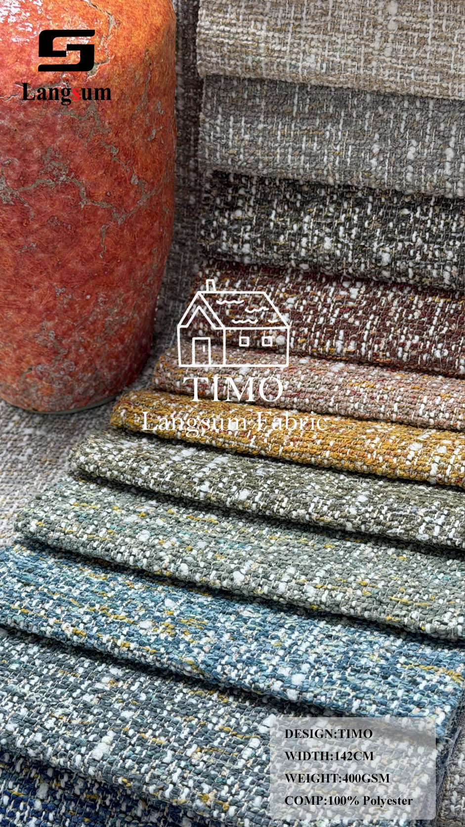 TIMO Multi-Tone Textured Polyester Upholstery Fabric – 400gsm, 56" Wide Langsum Fabric