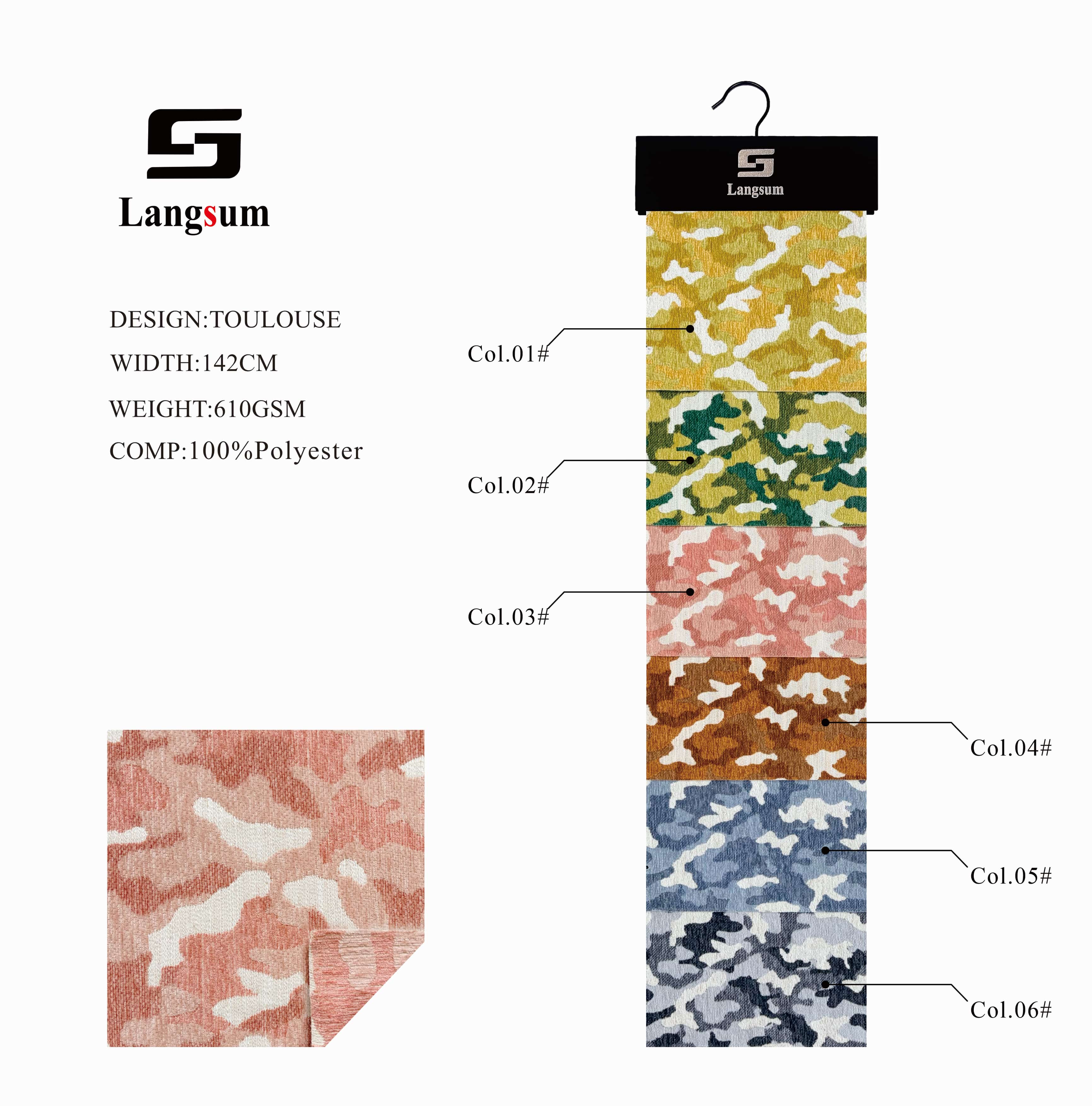 TOULOUSE Chenille Fabric Woven Jacquard Fabric – 610gsm, 56" Wide, 6 Colors Langsum Fabric