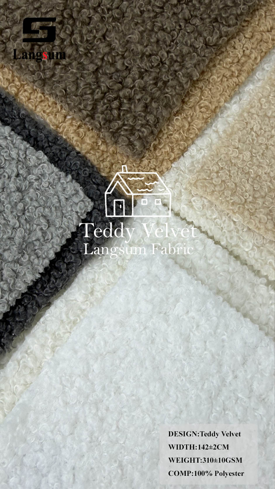 TEDDY VELVET Curly-Textured Polyester Upholstery Fabric – 310±10gsm, 56" Wide, 19 Colors Langsum Fabric