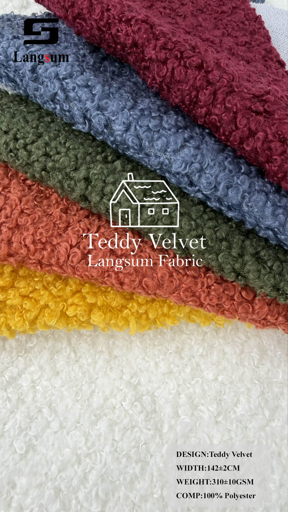 TEDDY VELVET Curly-Textured Polyester Upholstery Fabric – 310±10gsm, 56" Wide, 19 Colors Langsum Fabric