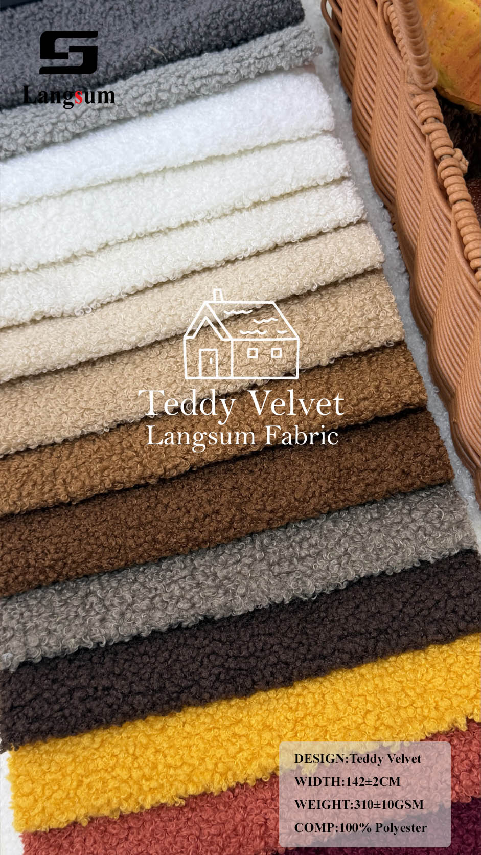 TEDDY VELVET Curly-Textured Polyester Upholstery Fabric – 310±10gsm, 56" Wide, 19 Colors Langsum Fabric