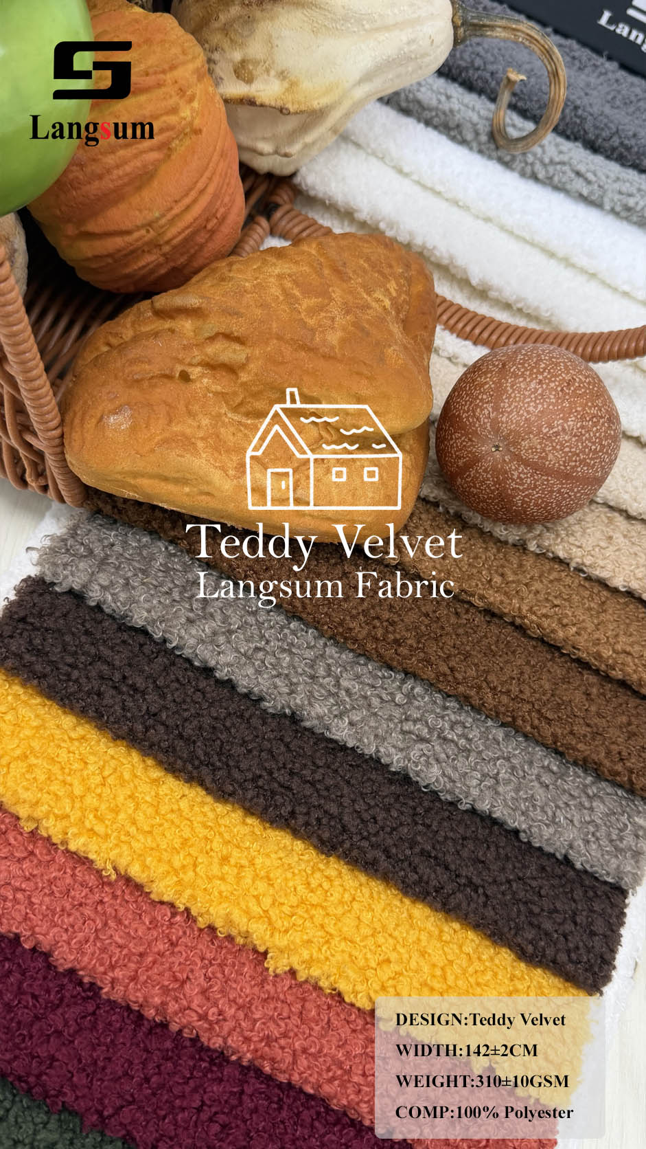TEDDY VELVET Curly-Textured Polyester Upholstery Fabric – 310±10gsm, 56" Wide, 19 Colors Langsum Fabric