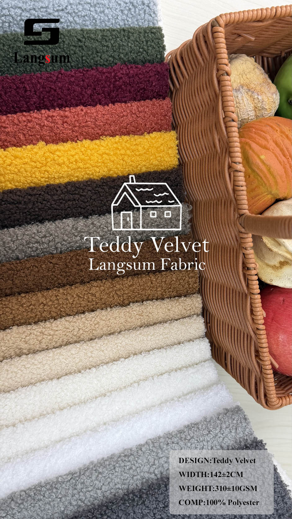 TEDDY VELVET Curly-Textured Polyester Upholstery Fabric – 310±10gsm, 56" Wide, 19 Colors Langsum Fabric
