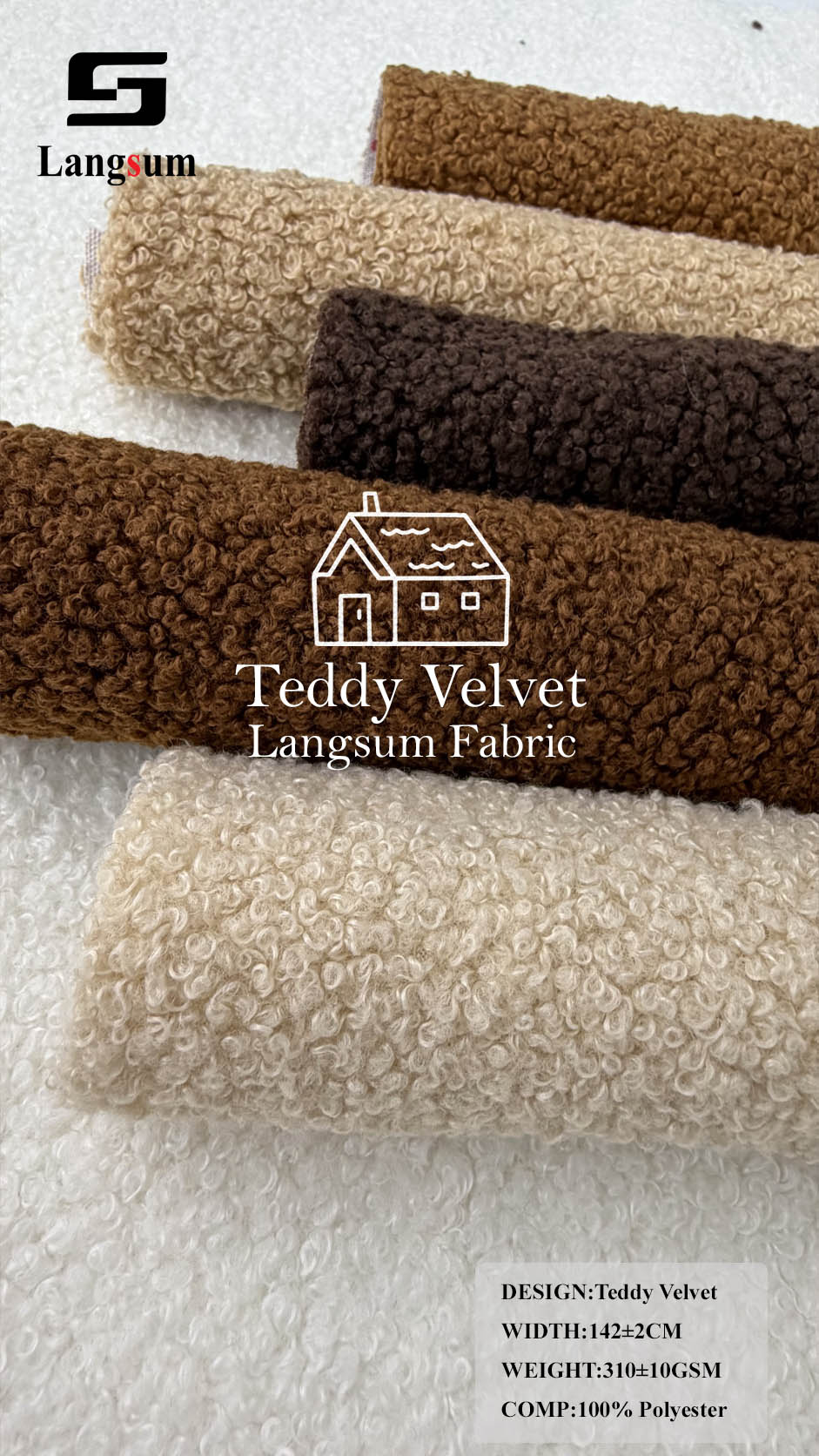 TEDDY VELVET Curly-Textured Polyester Upholstery Fabric – 310±10gsm, 56" Wide, 19 Colors Langsum Fabric