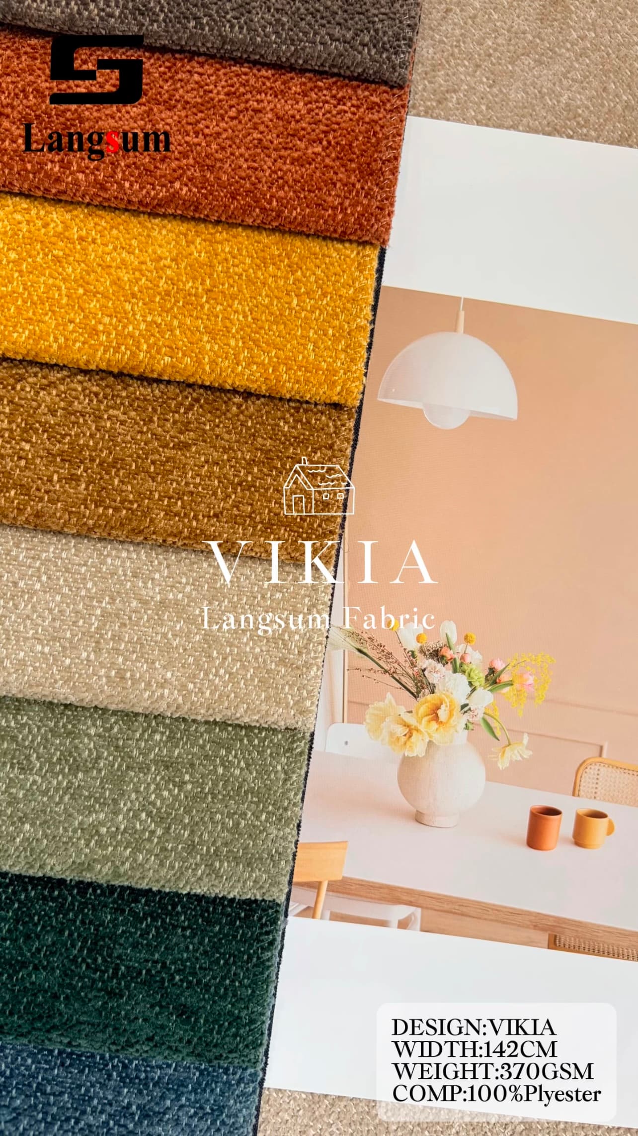 VIKIA Chenille Fabric Woven Jacquard Fabric – 370gsm, 56" Wide, 16 Colors Langsum Fabric