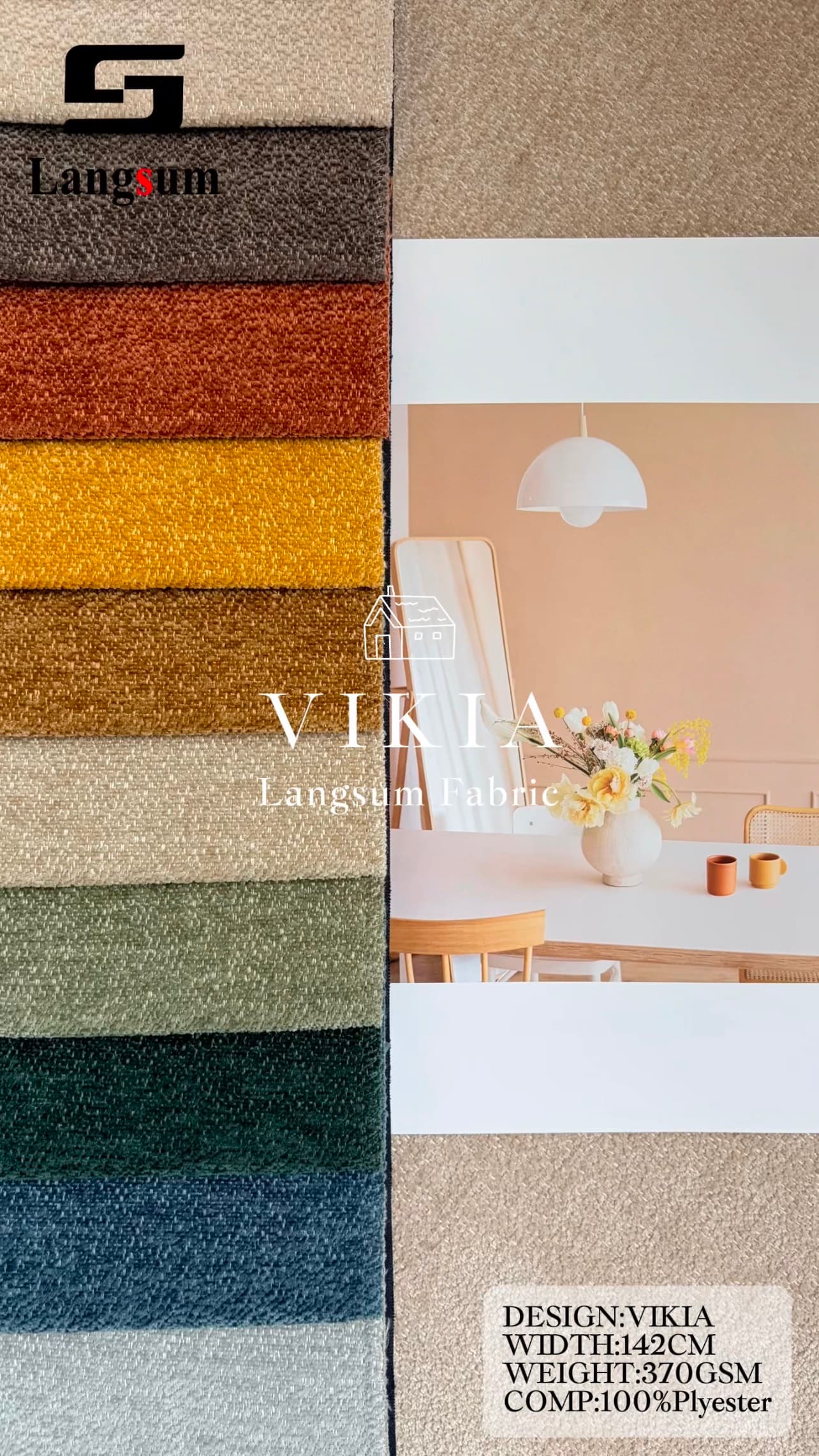 VIKIA Chenille Fabric Woven Jacquard Fabric – 370gsm, 56" Wide, 16 Colors Langsum Fabric