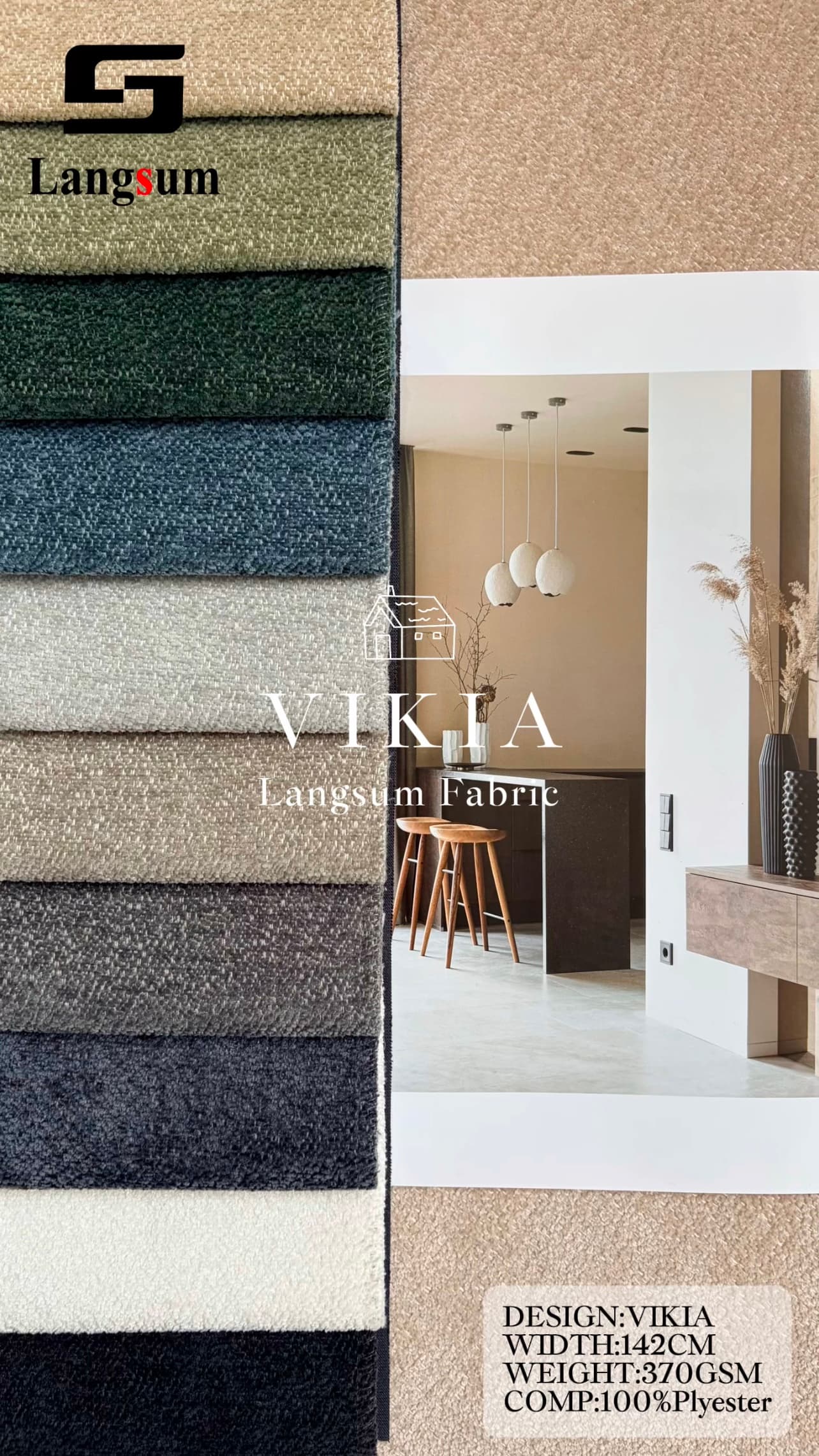 VIKIA Chenille Fabric Woven Jacquard Fabric – 370gsm, 56" Wide, 16 Colors Langsum Fabric