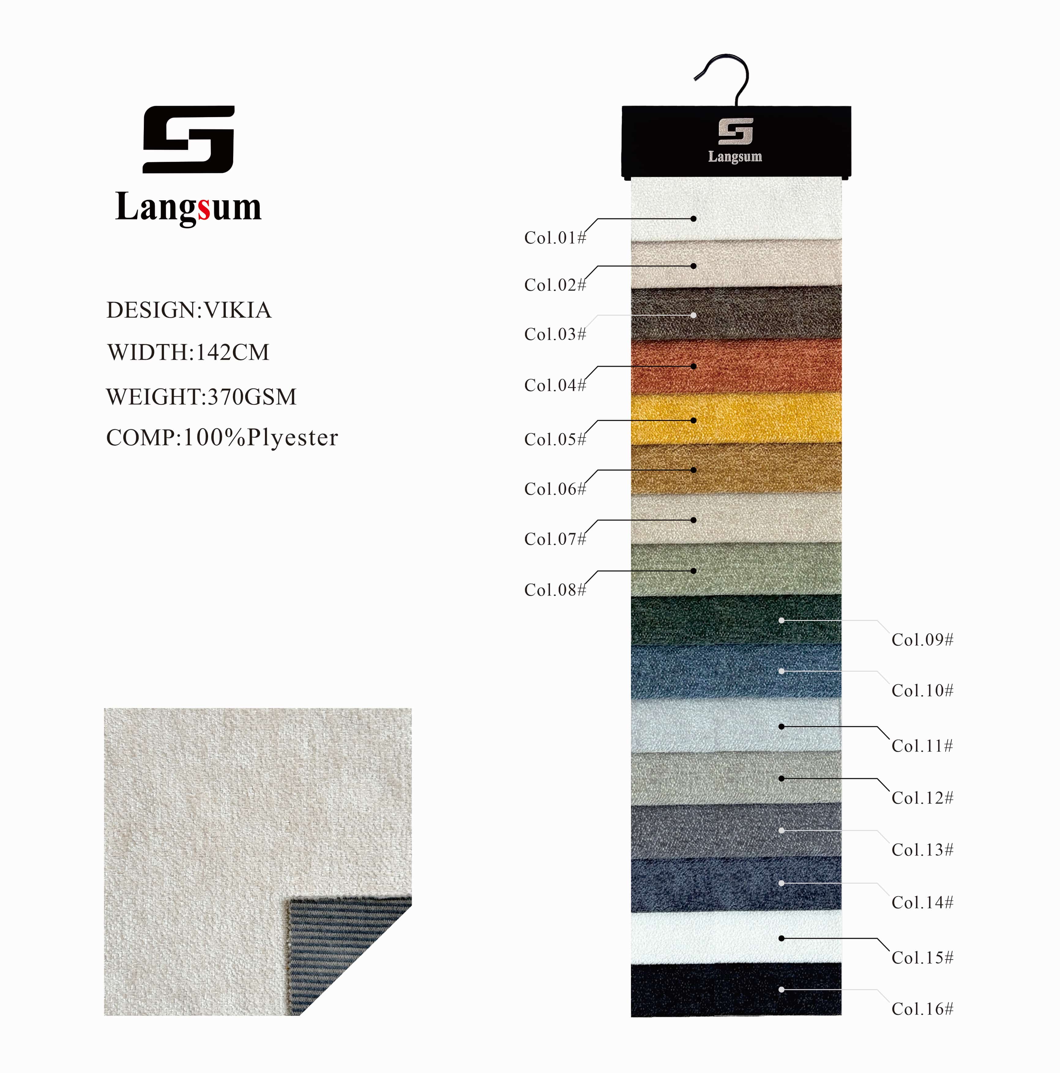 VIKIA Chenille Fabric Woven Jacquard Fabric – 370gsm, 56" Wide, 16 Colors Langsum Fabric