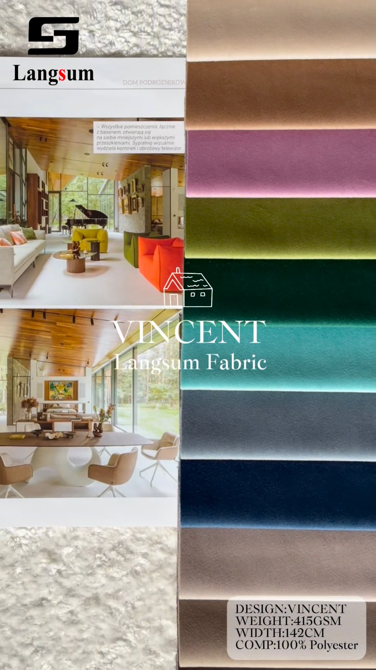 VINCENT Chenille Fabric Woven Jacquard Fabric – 415gsm, 56" Wide, 16 Colors Langsum Fabric